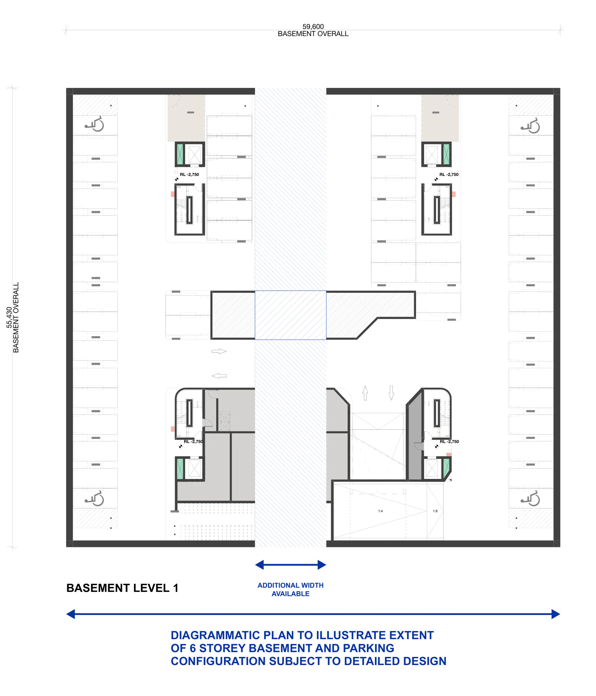 Pattern Book Large Lot Apartments 02 diagrammatic Basement Level 1 plan showing the complete parking extent, accessible spaces, four lift and stair cores, ramps and the central connection