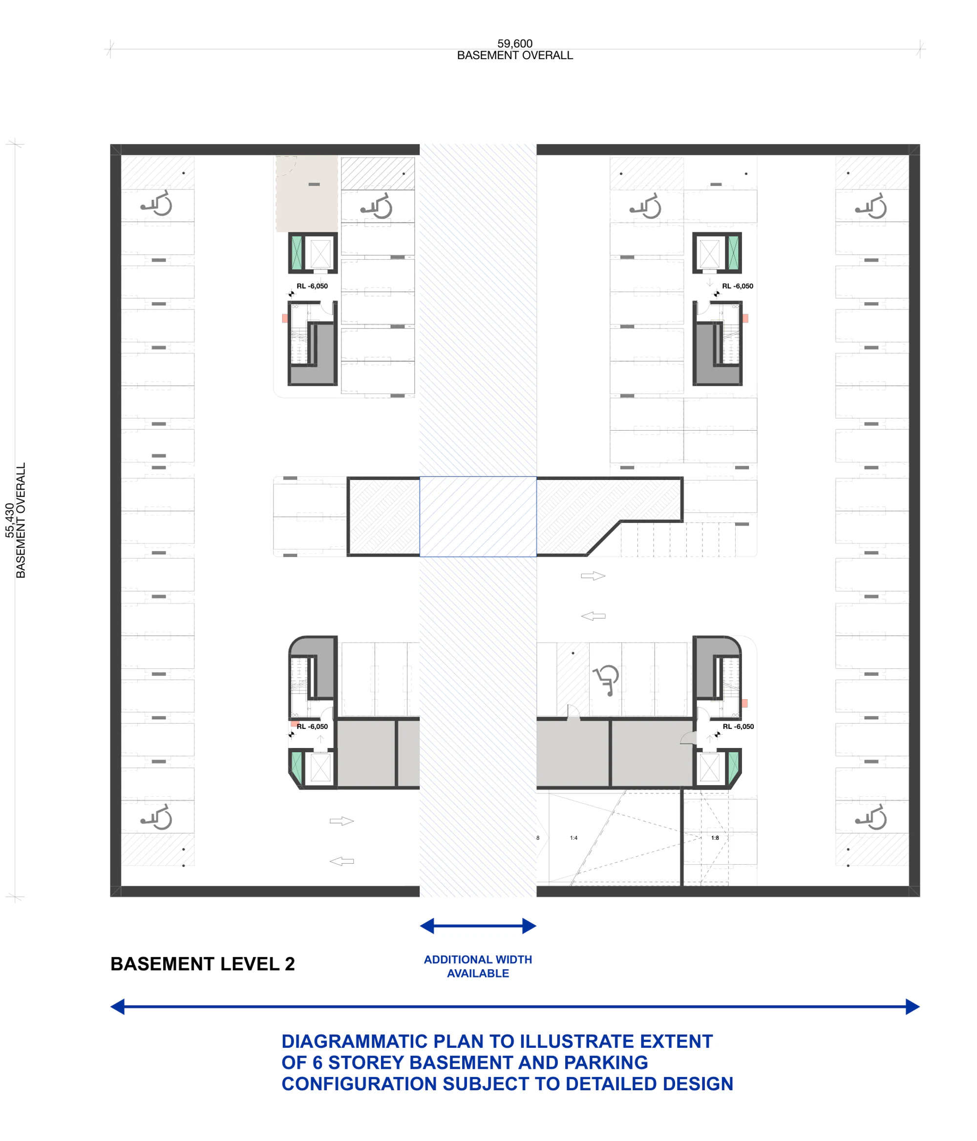 Pattern Book Large Lot Apartments 02 diagrammatic Basement Level 2 plan showing the complete parking extent, accessible spaces, four lift and stair cores, ramps and the central connection