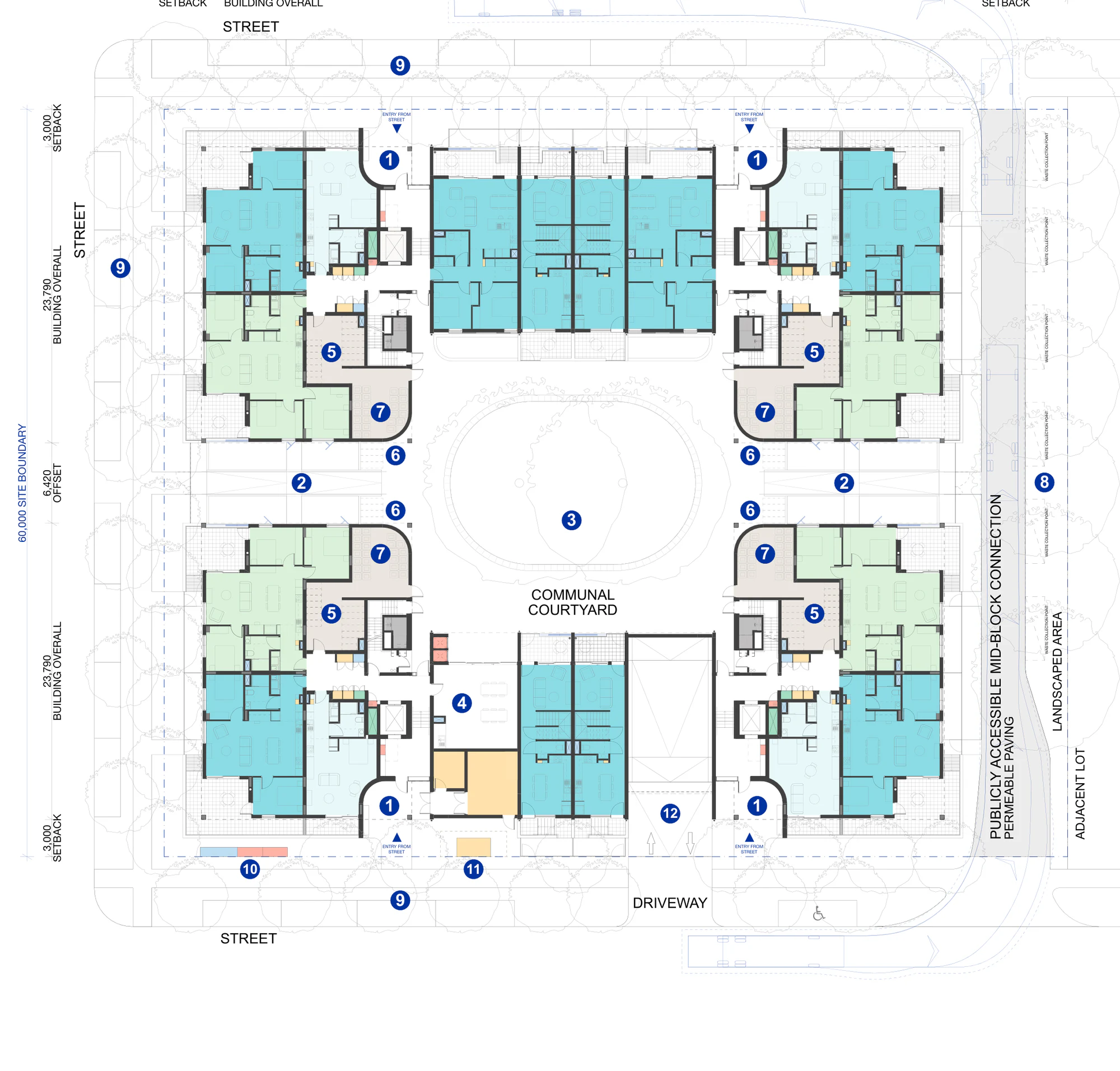 Pattern Book Large Lot Apartments 02 6 storey Rotation 1 basement ground floor plan showing complete apartments in four corner blocks and terrace rows, entries, lifts, stairs, services, a central communal courtyard, public connection and basement ramp
