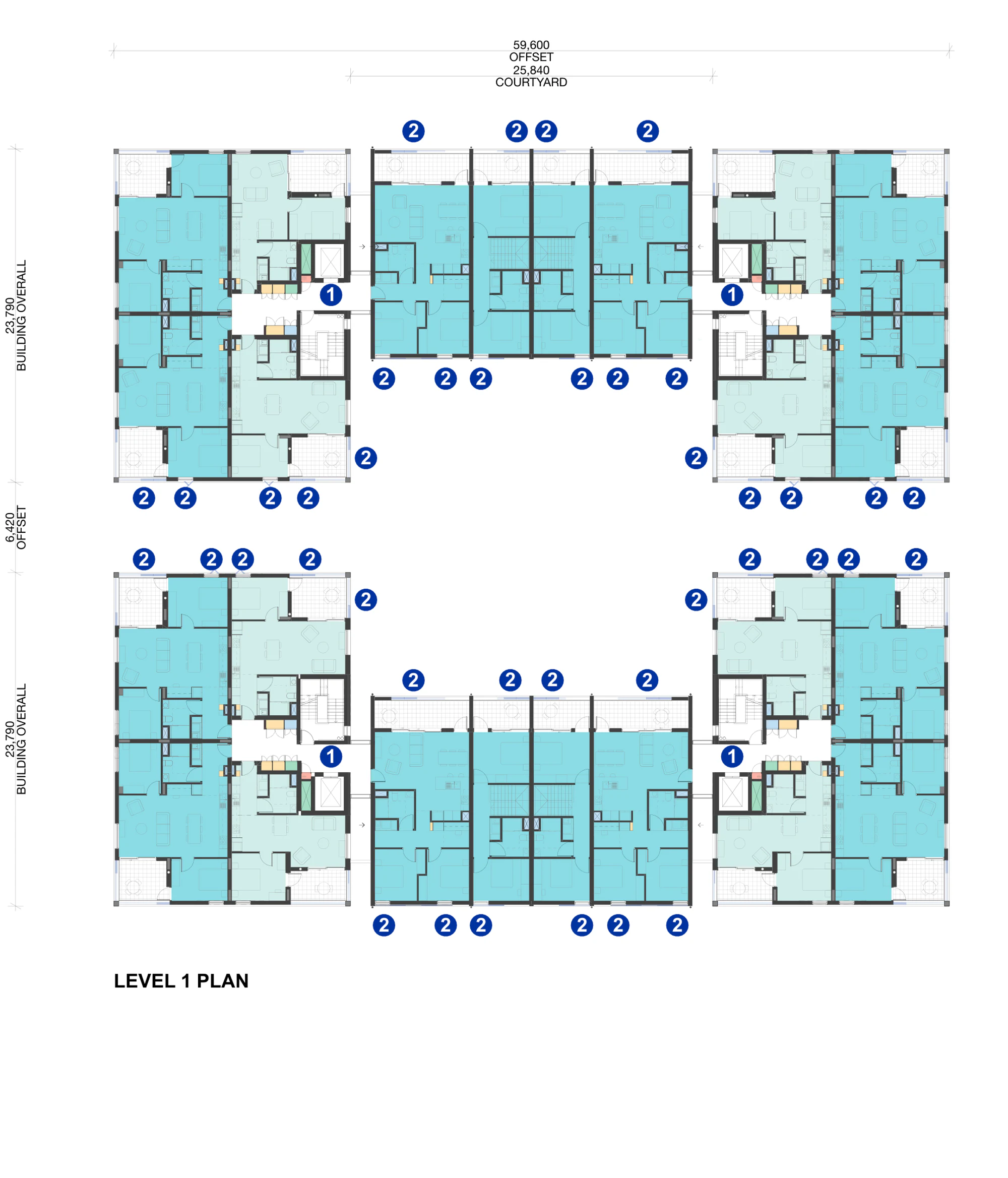 Pattern Book Large Lot Apartments 02 Level 1 plan showing complete apartment layouts in four corner clusters and terrace rows around the two courtyard spaces, with lifts, stairs and circulation