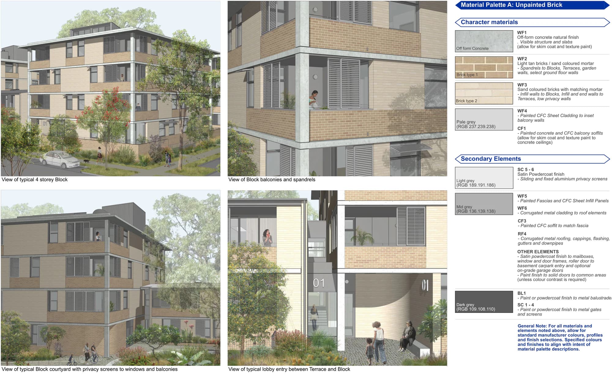 Pattern Book Large Lot Apartments 02 Material Palette A showing the full 4 storey block renders and light tan and sand brick, natural off form concrete, pale grey fibre cement and dark grey metal elements