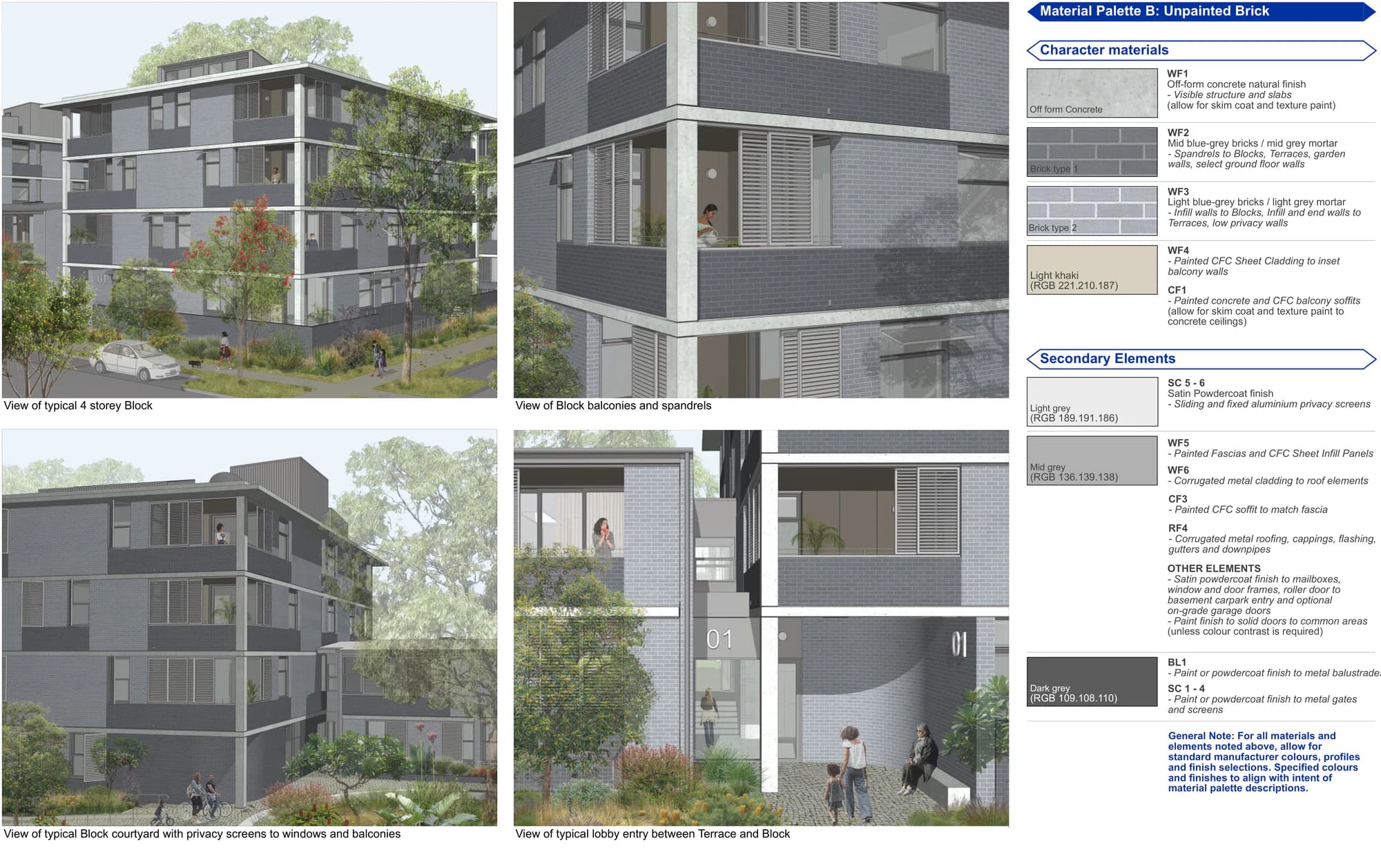 Pattern Book Large Lot Apartments 02 Material Palette B showing the full 4 storey block renders and cool blue grey unpainted brick, natural off form concrete, pale grey fibre cement and dark grey metal elements