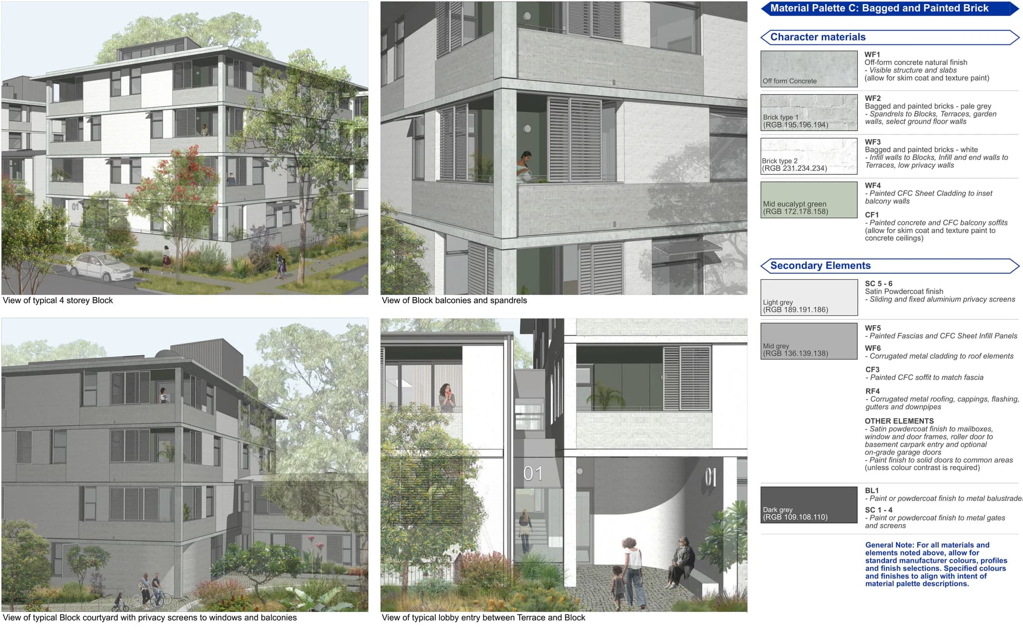 Pattern Book Large Lot Apartments 02 Material Palette C showing the full 4 storey block renders and pale bagged and painted brick, natural off form concrete, pale grey fibre cement and dark grey metal elements