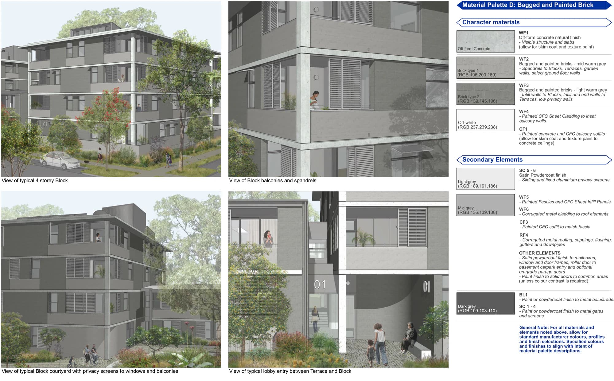 Pattern Book Large Lot Apartments 02 Material Palette D showing the full 4 storey block renders and warm grey bagged and painted brick, natural off form concrete, pale grey fibre cement and dark grey metal elements