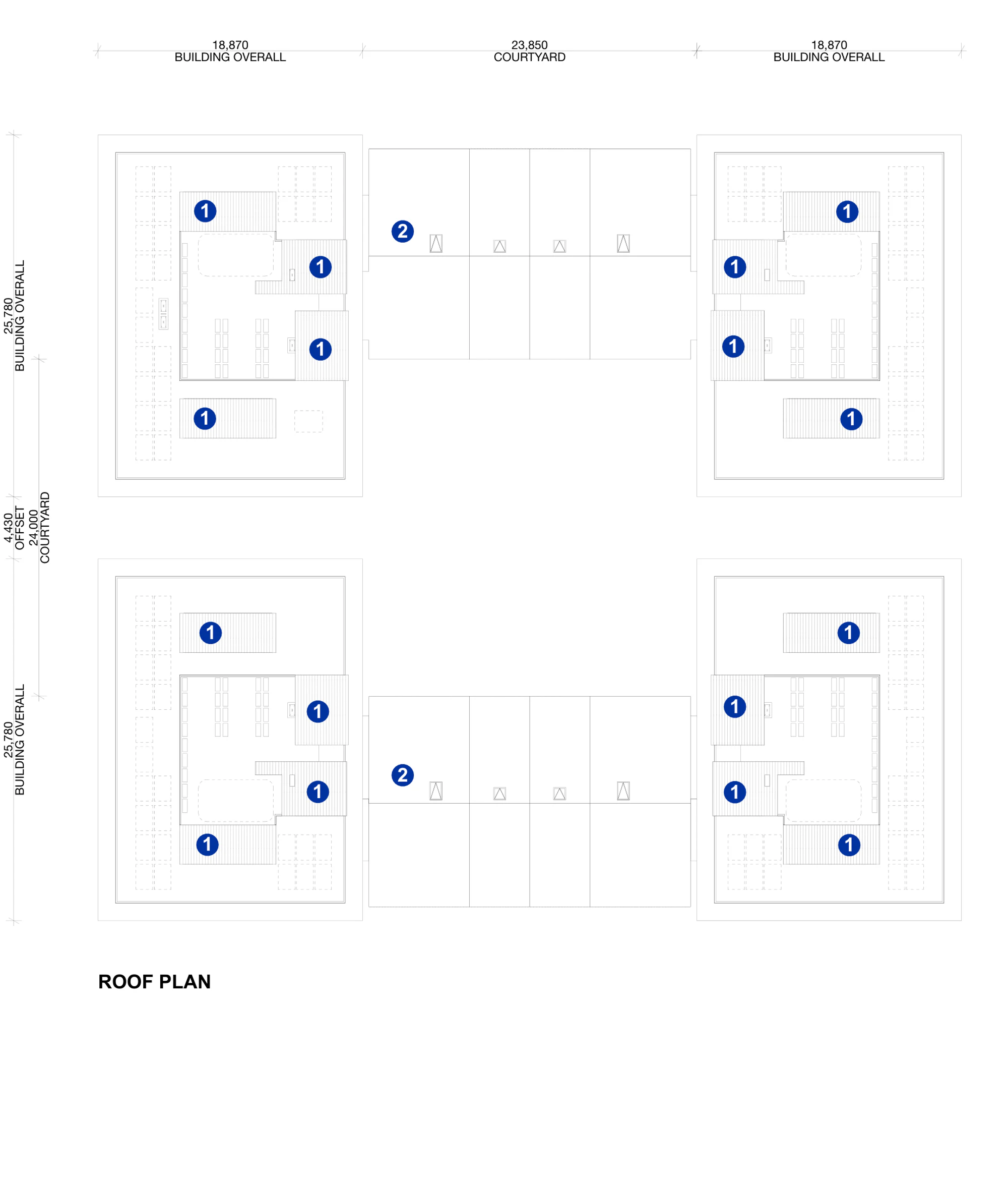 Pattern Book Large Lot Apartments 02 roof plan showing the complete four cluster roof arrangement, service enclosures, plant zones and open courtyard roofs