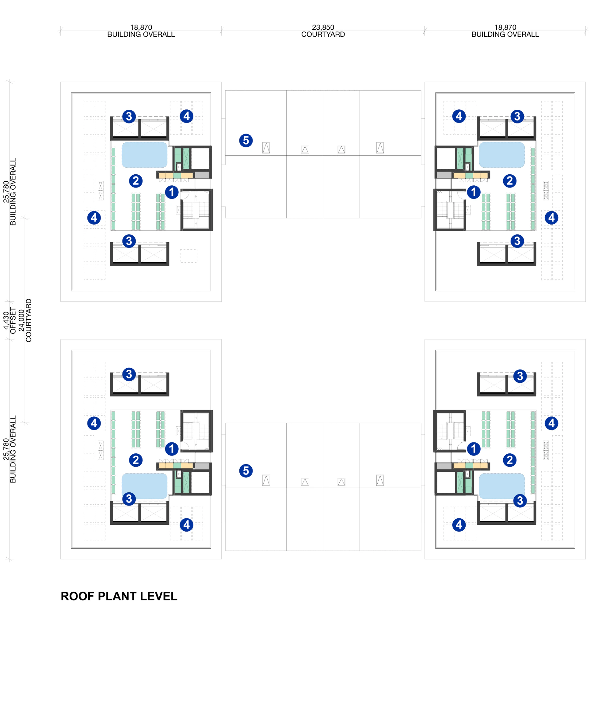 Pattern Book Large Lot Apartments 02 roof plant level plan showing the complete four cluster arrangement, screened plant, lifts, stairs, service zones and open courtyard roofs