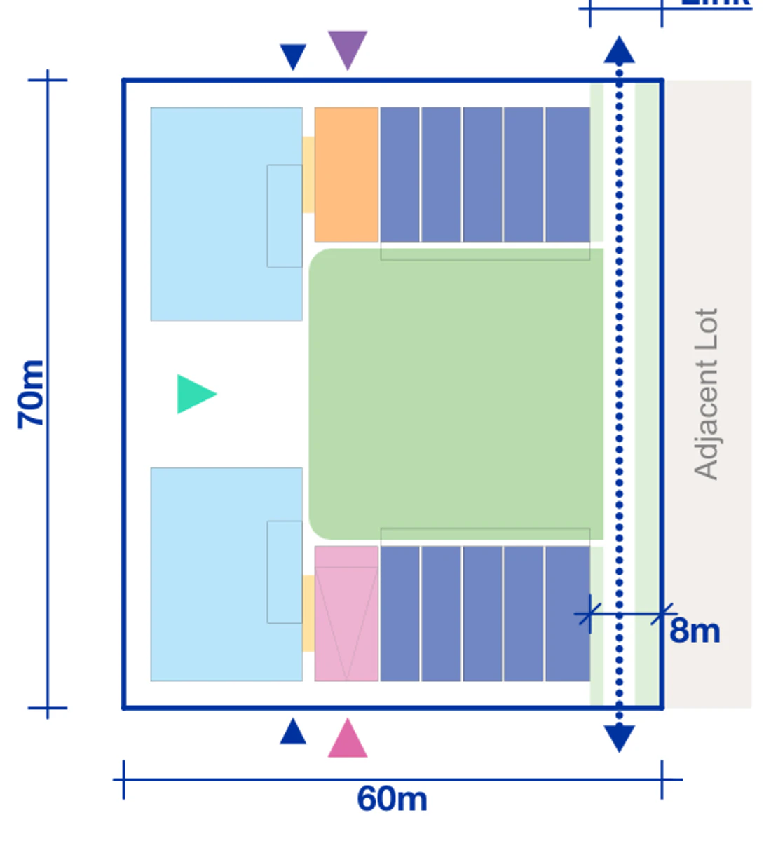 Pattern Book Large Lot Apartments 02 4 storey Rotation 1 maximum end block half pattern plan for a 60 by 70 metre site of 4,200 square metres, showing apartment blocks, terrace modules, communal courtyards, entries and the public link; the basement parking matrix provides 42 apartments across the complete building