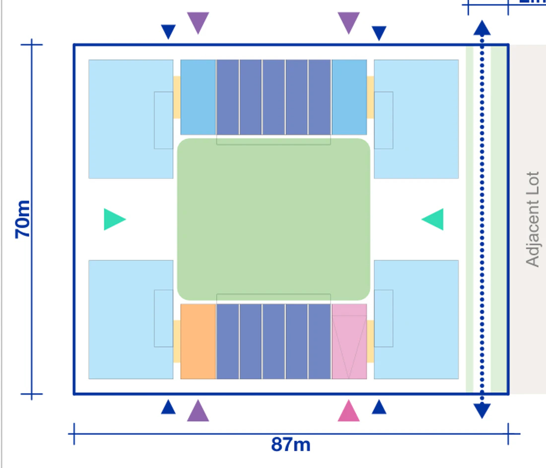 Pattern Book Large Lot Apartments 02 4 storey Rotation 1 maximum half block base pattern plan for a 87 by 70 metre site of 6,090 square metres, showing apartment blocks, terrace modules, communal courtyards, entries and the public link; the basement parking matrix provides 76 apartments across the complete building