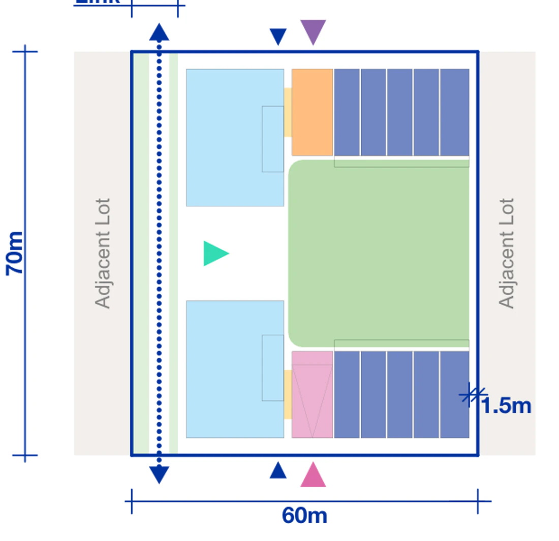Pattern Book Large Lot Apartments 02 4 storey Rotation 1 maximum mid block half pattern plan for a 60 by 70 metre site of 4,200 square metres, showing apartment blocks, terrace modules, communal courtyards, entries and the public link; the basement parking matrix provides 42 apartments across the complete building
