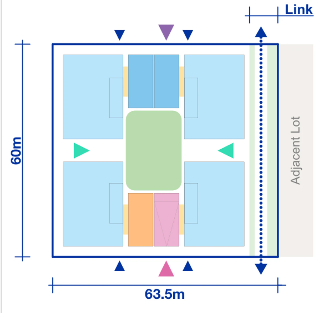 Pattern Book Large Lot Apartments 02 4 storey Rotation 1 minimum half block base pattern plan for a 63.5 by 60 metre site of 3,810 square metres, showing apartment blocks, terrace modules, communal courtyards, entries and the public link; the basement parking matrix provides 66 apartments across the complete building