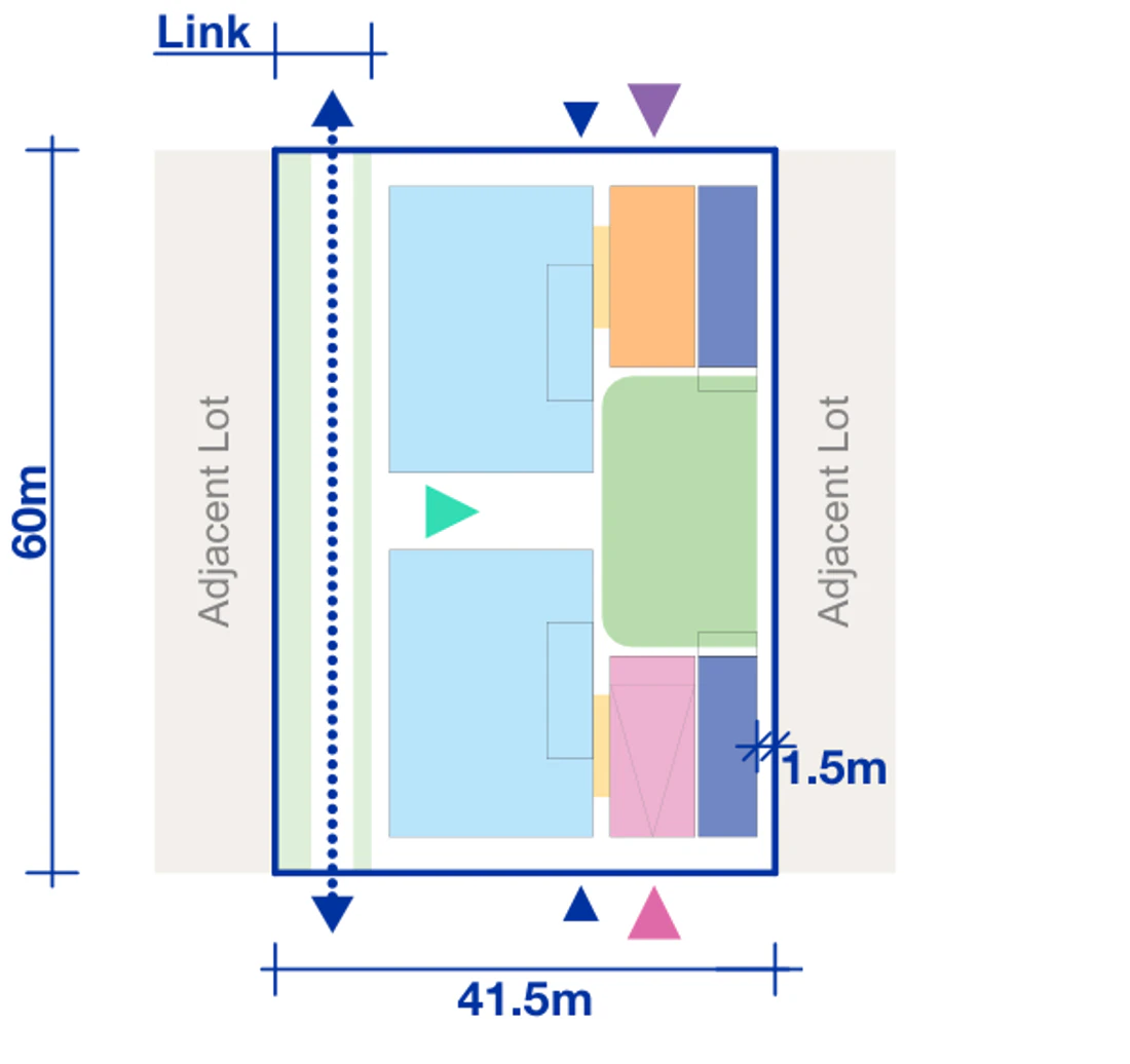 Pattern Book Large Lot Apartments 02 4 storey Rotation 1 minimum mid block half pattern plan for a 41.5 by 60 metre site of 2,490 square metres, showing apartment blocks, terrace modules, communal courtyards, entries and the public link; the basement parking matrix provides 34 apartments across the complete building