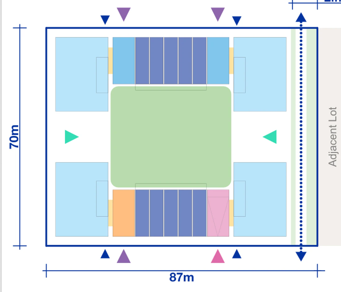 Pattern Book Large Lot Apartments 02 6 storey Rotation 1 maximum half block base pattern plan for a 87 by 70 metre site of 6,090 square metres, showing apartment blocks, terrace modules, communal courtyards, entries and the public link; the basement parking matrix provides 108 apartments across the complete building