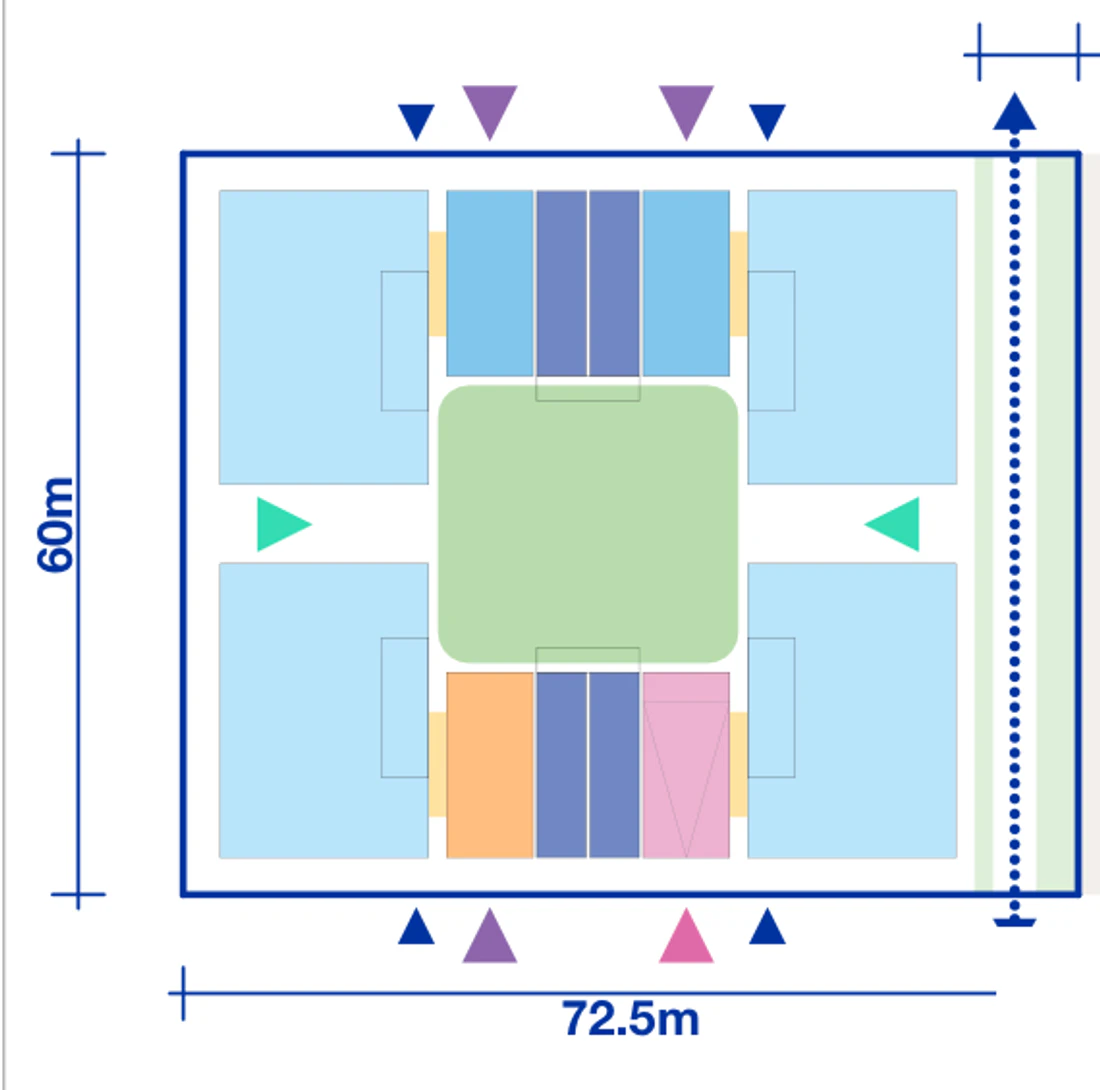 Pattern Book Large Lot Apartments 02 6 storey Rotation 1 minimum half block base pattern plan for a 72.5 by 60 metre site of 4,350 square metres, showing apartment blocks, terrace modules, communal courtyards, entries and the public link; the basement parking matrix provides 102 apartments across the complete building