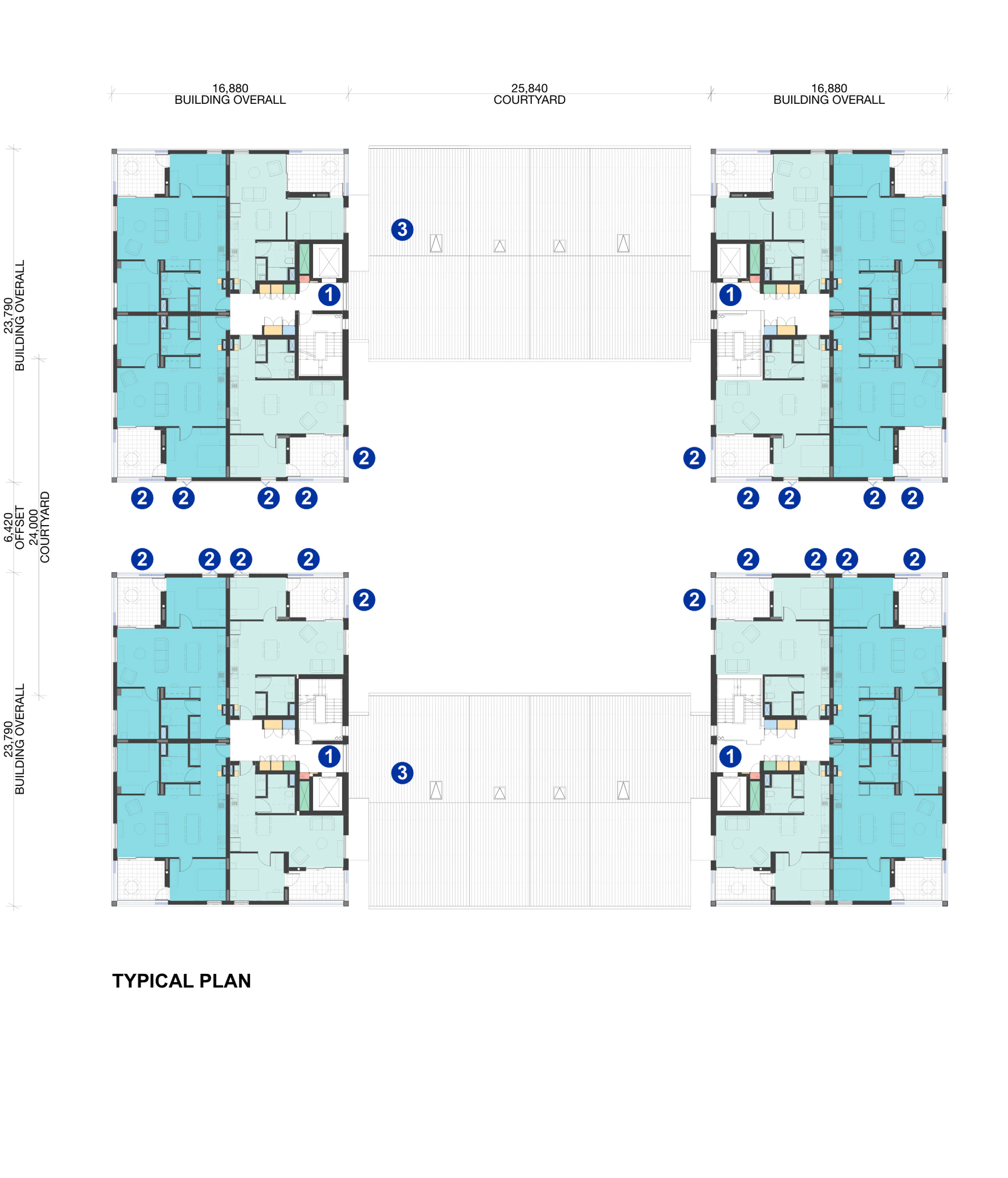Pattern Book Large Lot Apartments 02 typical apartment level plan showing complete apartment layouts in four corner clusters around open courtyard roofs, with lifts, stairs, balconies and circulation