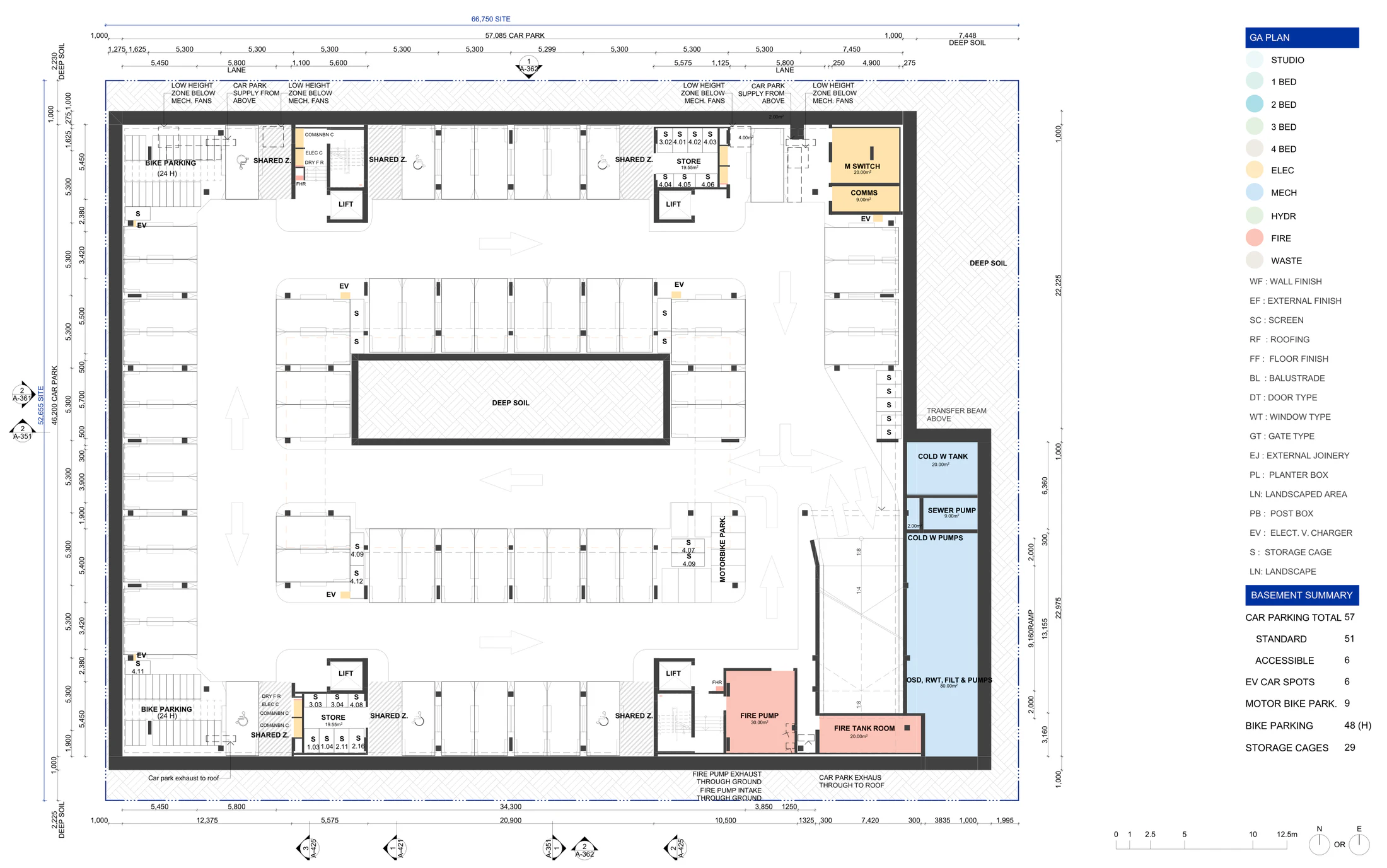 Pattern Book Large Lot Apartments 03 basement plan showing the full car park extent, the ramp, deep soil zones, bike parking, storage cages, motorbike parking, lifts, fire pump and tank rooms, water tanks and sewer pumps, with a basement summary of 57 car spaces