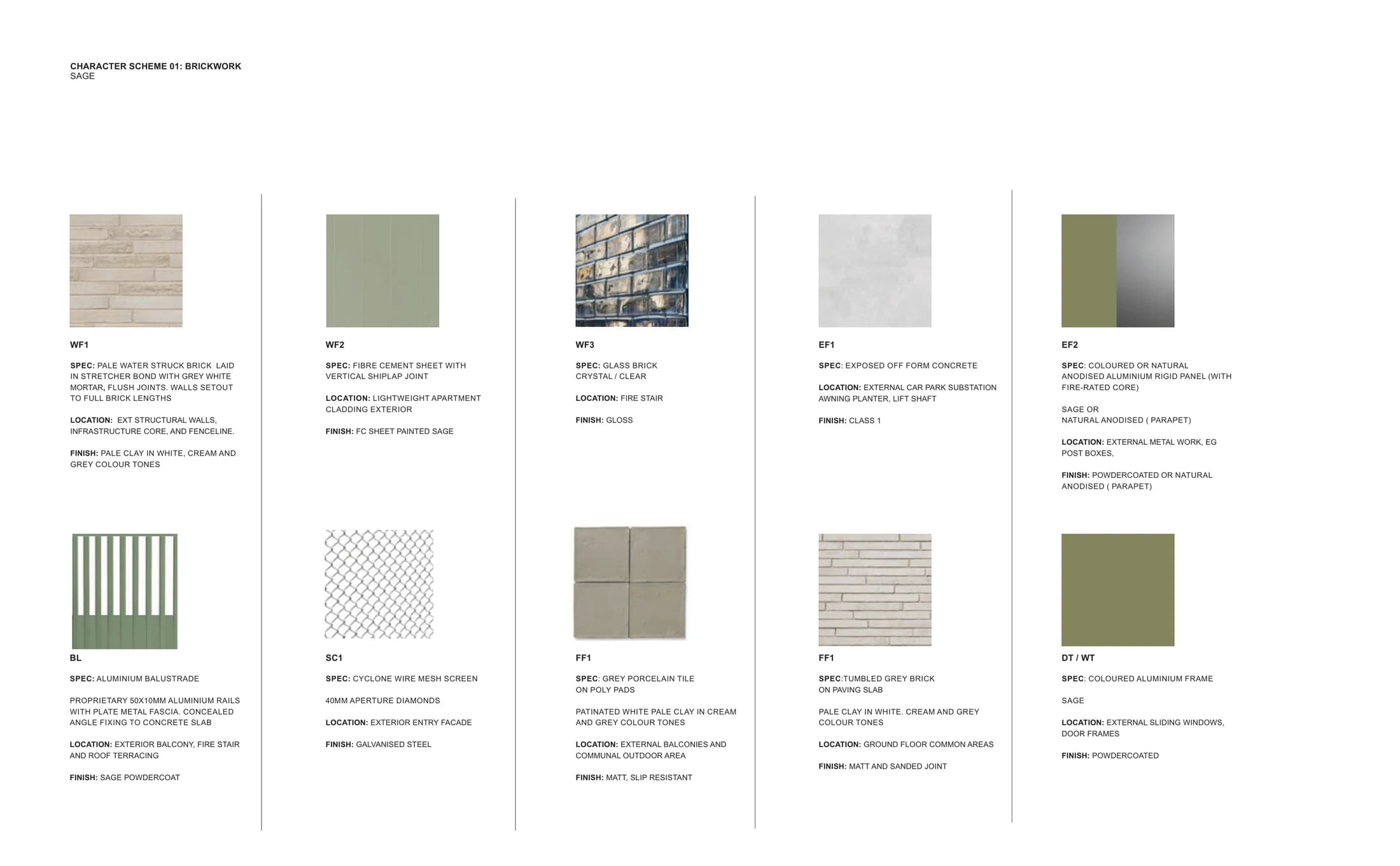 Pattern Book Large Lot Apartments 03 character scheme 01 brickwork in sage, with pale water struck brick in stretcher bond, fibre cement sheet painted sage, clear glass brick to the fire stair, off form concrete, anodised aluminium panel, sage powdercoated balustrade, galvanised mesh screen, grey porcelain tile and tumbled grey brick pavers