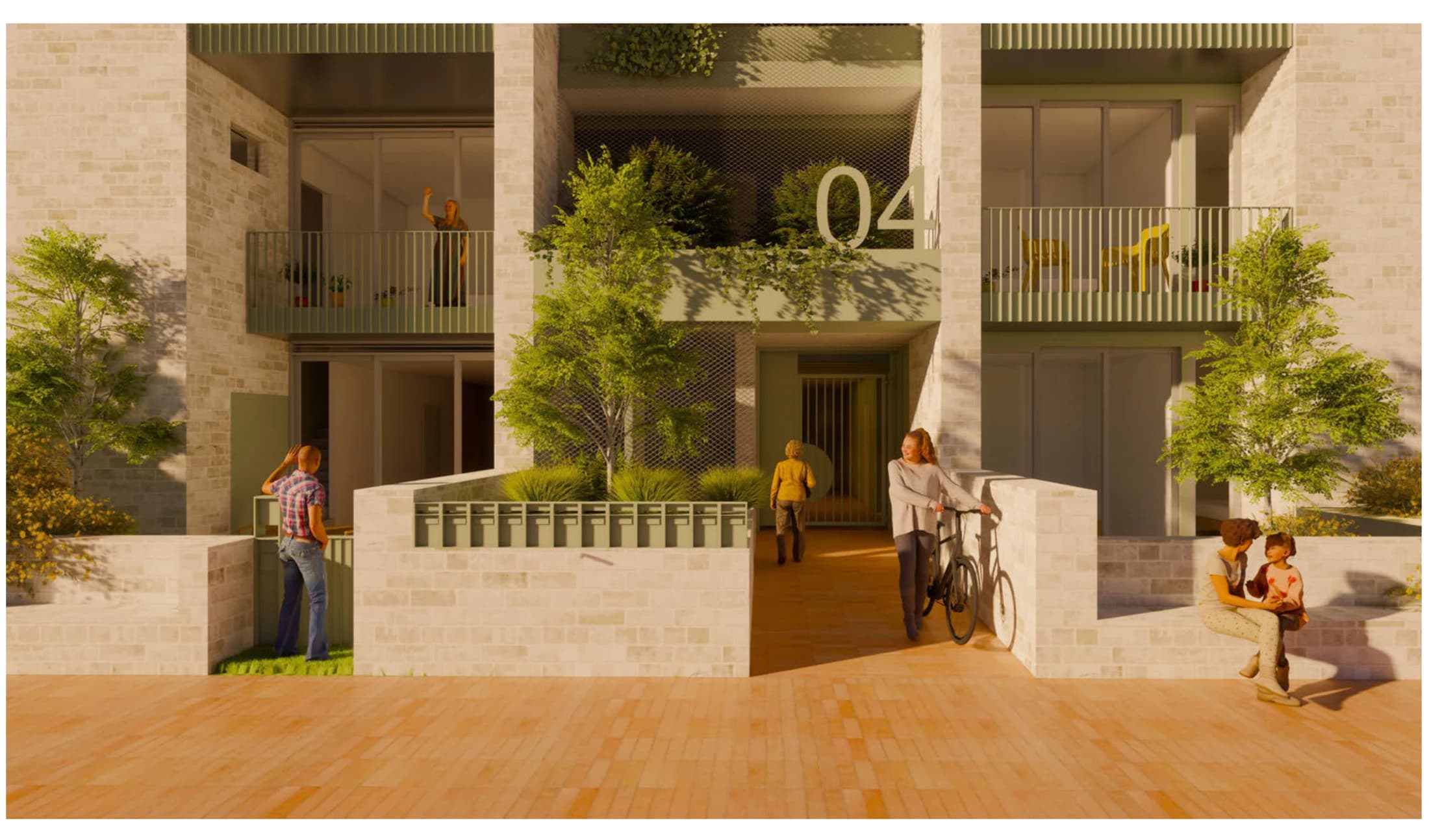 Pattern Book Large Lot Apartments 03 street level render showing the pale brick terrace entries, a recessed common entry with the building number, planted forecourt walls, mesh screens, sage metal balustrades and awnings, and balconies above