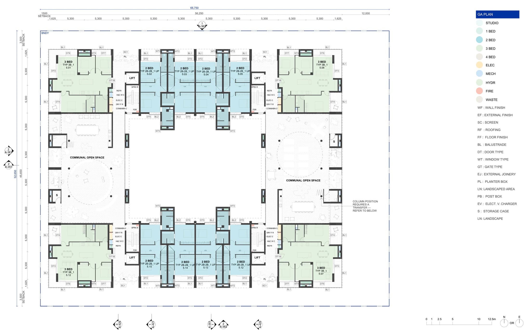 Pattern Book Large Lot Apartments 03 fifth floor plan for the 6 storey scheme showing 4 three bedroom corner apartments, the upper levels of the fourth floor two bedroom terrace apartments and two communal open space areas facing the courtyard void