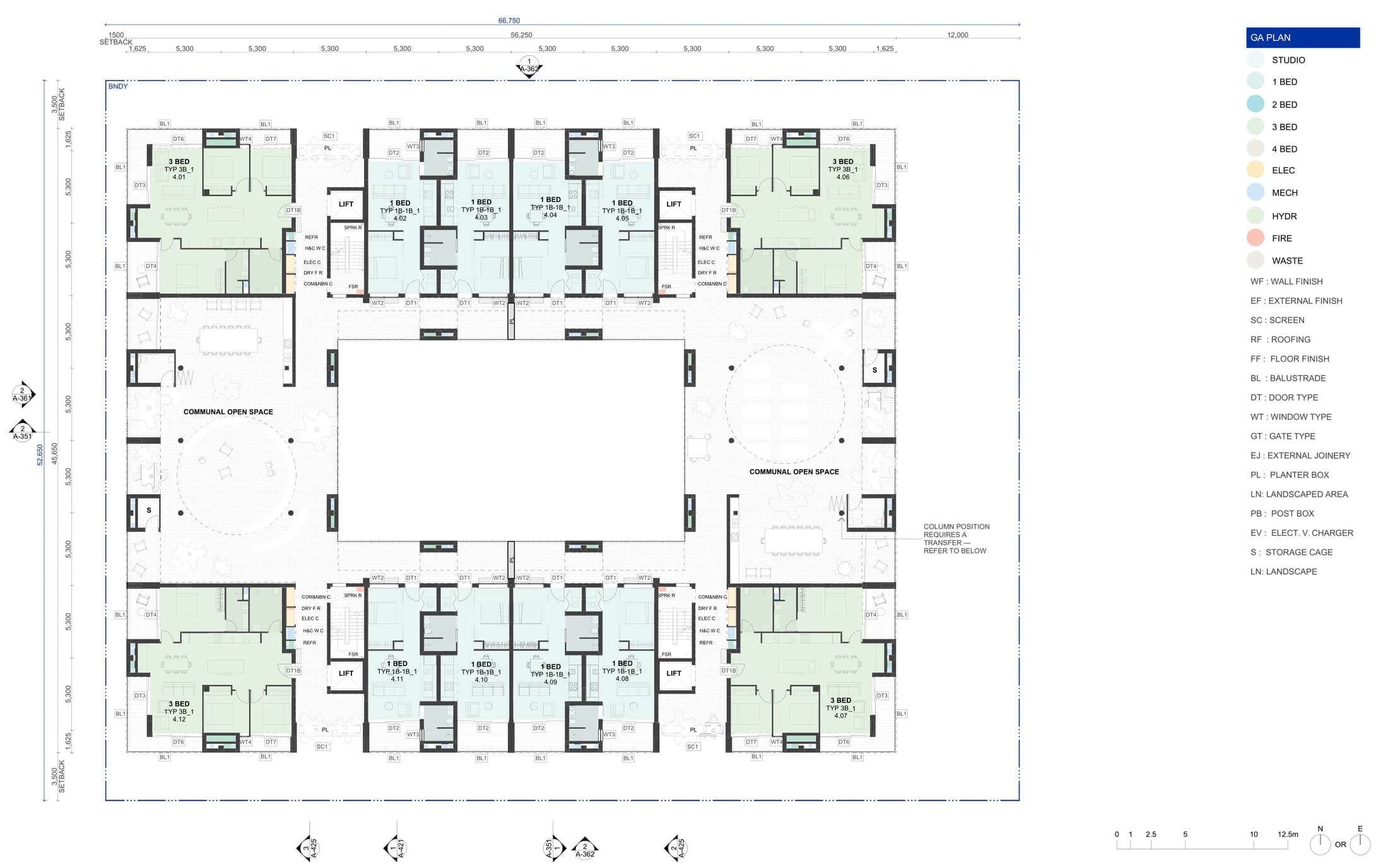 Pattern Book Large Lot Apartments 03 fourth floor plan for the 5 storey scheme showing 12 apartments made up of 4 three bedroom corner apartments and 8 one bedroom apartments, with two communal open space areas facing the courtyard void