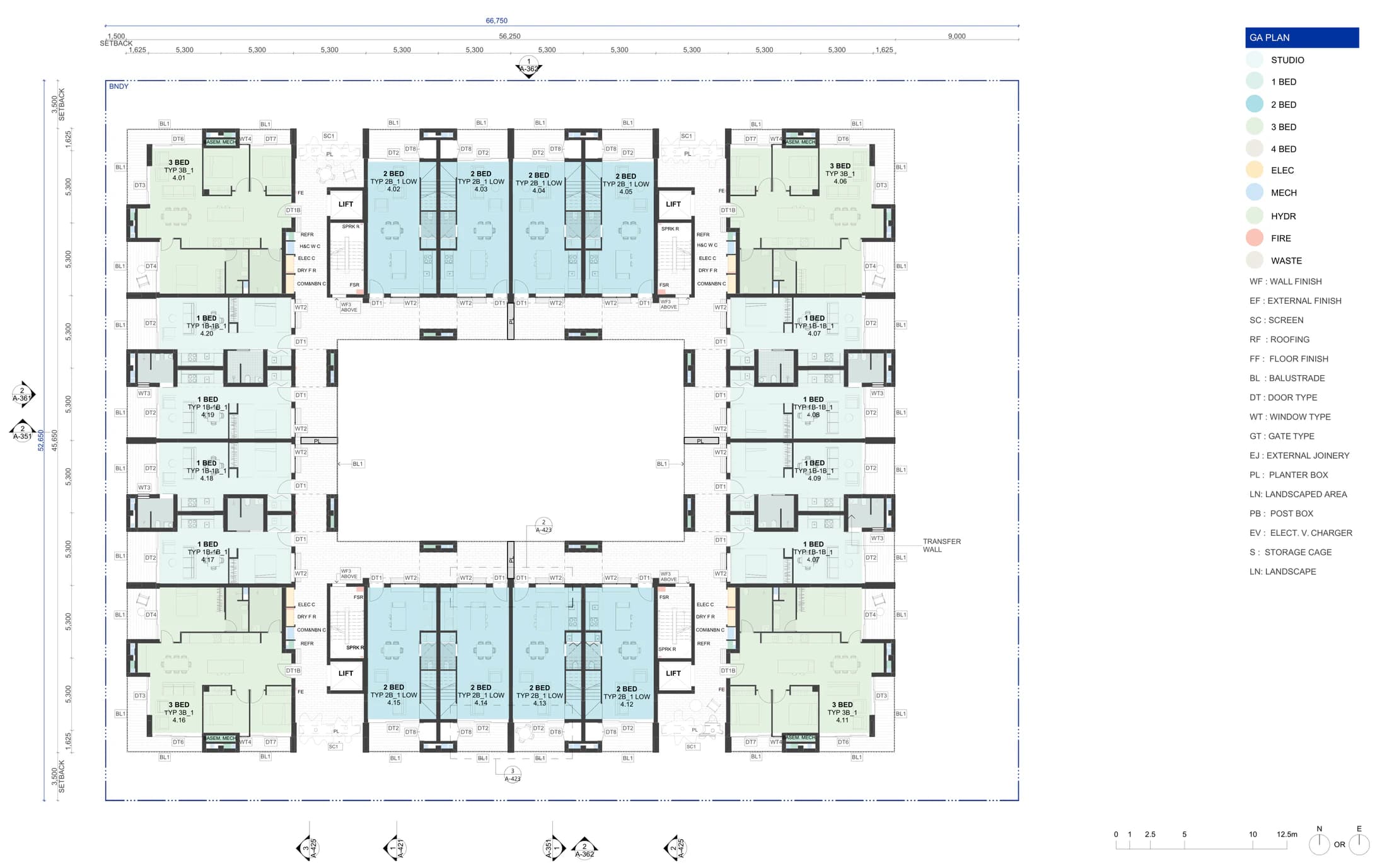 Pattern Book Large Lot Apartments 03 fourth floor plan for the 6 storey scheme showing a full residential floor of 4 three bedroom corner apartments, 8 one bedroom apartments and 8 two bedroom terrace apartments around the courtyard void