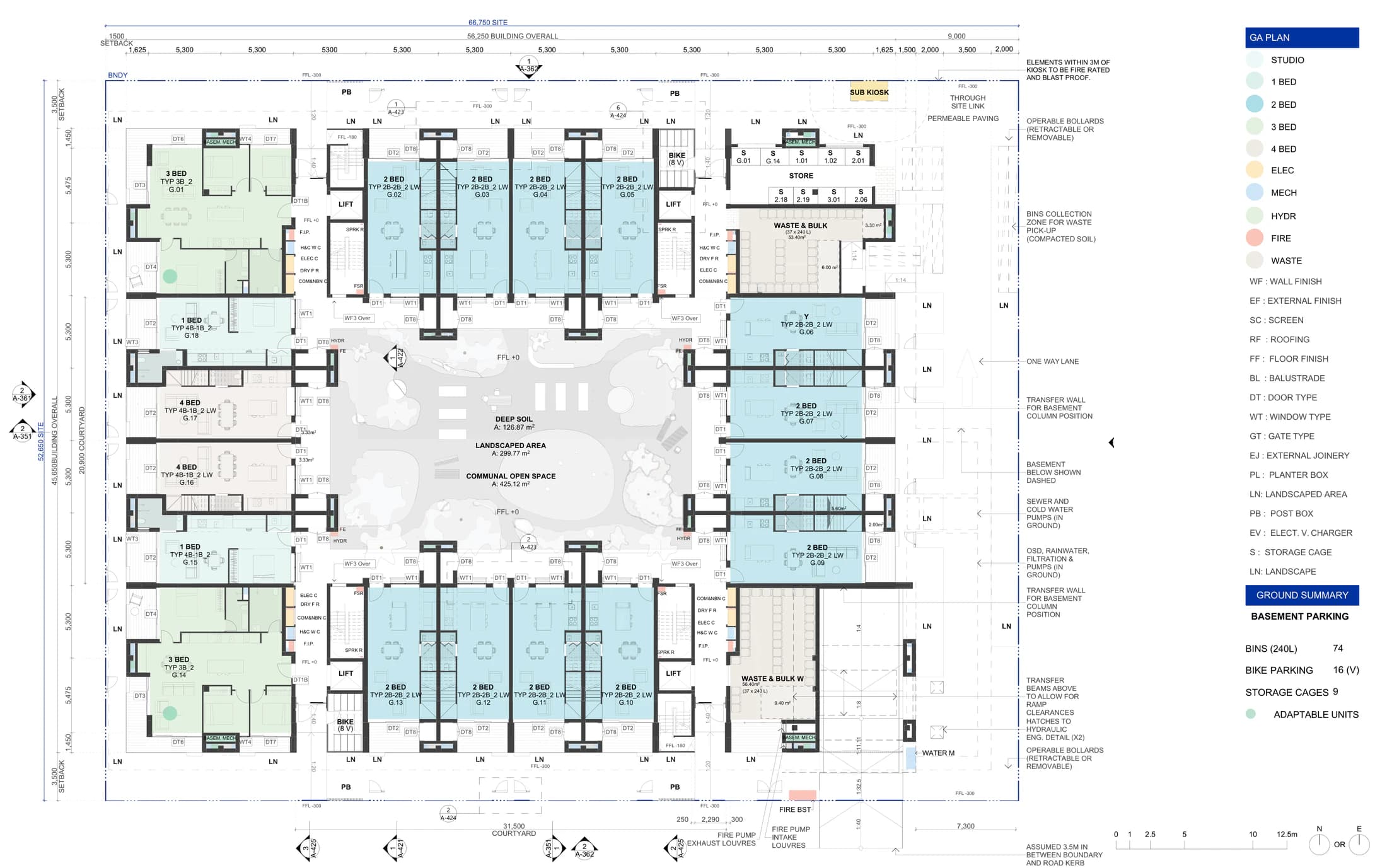 Pattern Book Large Lot Apartments 03 ground floor plan for the basement parking option, showing 18 complete apartments made up of 2 three bedroom and 2 four bedroom corner apartments, 2 one bedroom apartments and 12 two bedroom terrace apartments, plus the ground level communal courtyard, deep soil, landscaped area, waste and bulky waste rooms, lifts and the through site link