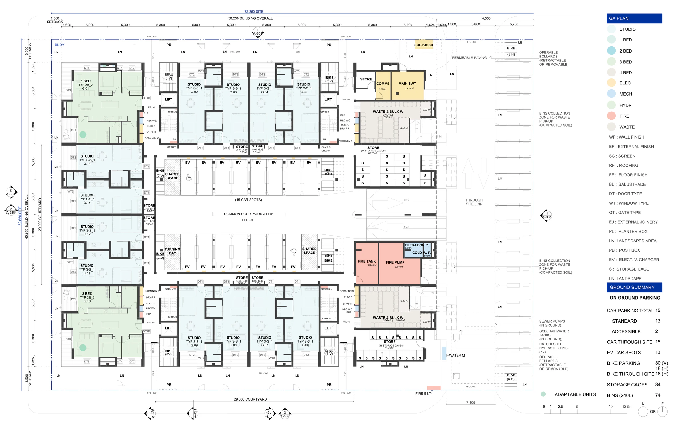 Pattern Book Large Lot Apartments 03 ground floor plan for the on grade parking option, showing 12 studio apartments and 2 three bedroom corner apartments, 15 car spaces with electric vehicle charging, a turning bay, waste and bulky waste rooms, storage cages, fire tank and pump rooms and the through site link, with the common courtyard moved up to level 1