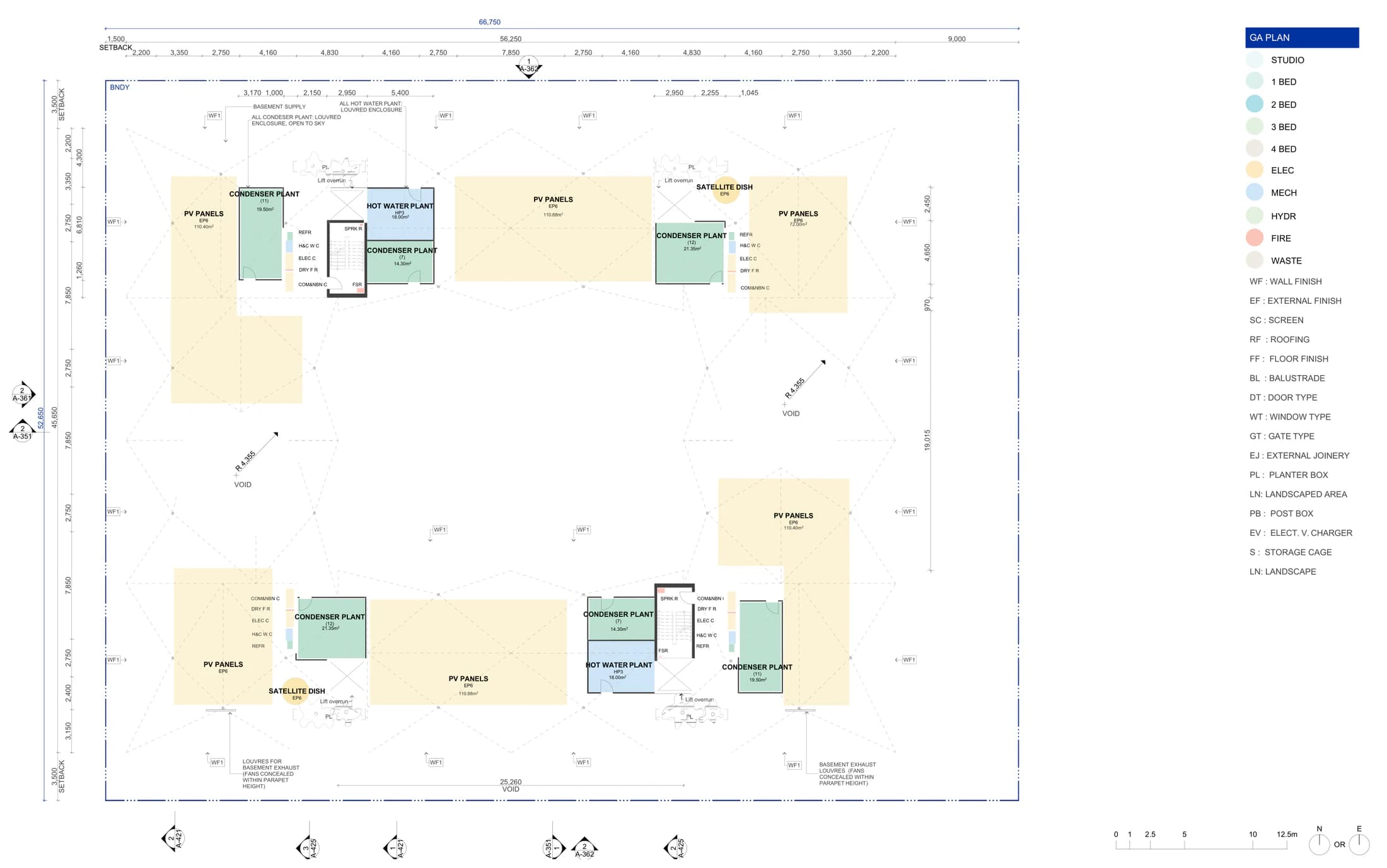 Pattern Book Large Lot Apartments 03 roof plan showing photovoltaic panel arrays, condenser plant, hot water plant, satellite dishes, lift overruns, basement exhaust louvres, the open courtyard void and the boundary setbacks