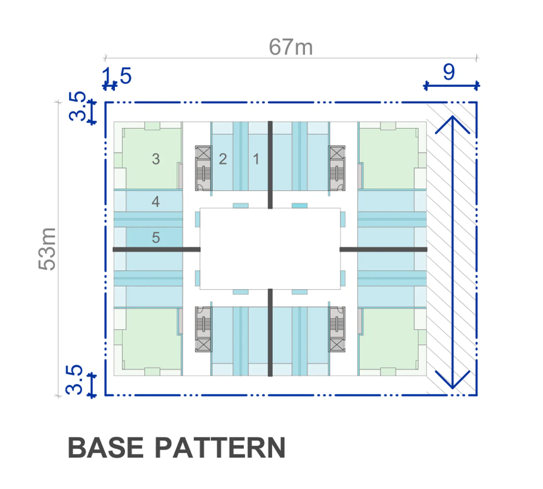 Pattern Book Large Lot Apartments 03 official lot size plan for a 67 by 53 metre site of 3,551 square metres, showing the site boundary, the 3.5 metre street setbacks, the 1.5 metre tertiary boundary setback, the 9 metre through site link, the four corner apartments, the terrace rows and the central courtyard; the published whole building range is 58 to 140 apartments