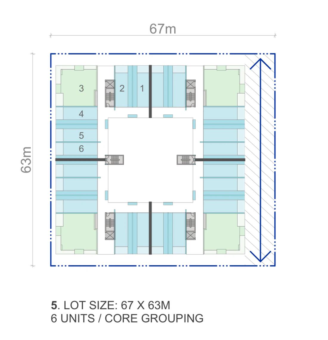 Pattern Book Large Lot Apartments 03 official lot size plan for a 67 by 63 metre site of 4,221 square metres, showing the site boundary, the 3.5 metre street setbacks, the 1.5 metre tertiary boundary setback, the 9 metre through site link, the four corner apartments, the terrace rows and the central courtyard; the published whole building range is 58 to 140 apartments