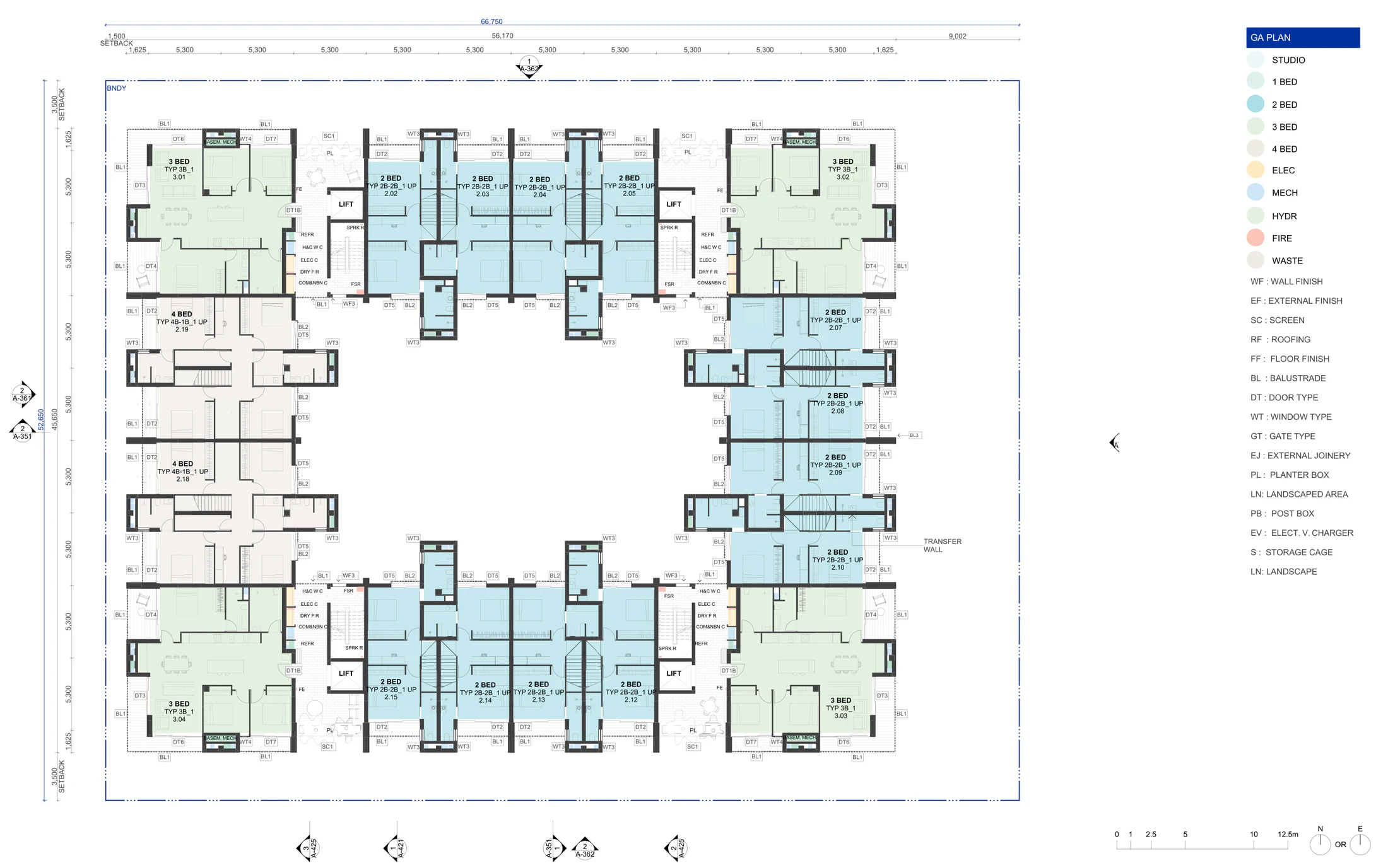 Pattern Book Large Lot Apartments 03 third floor plan showing 4 new three bedroom corner apartments together with the upper levels of the second floor two bedroom terrace apartments and four bedroom apartments, with the access balconies, lifts and stairs