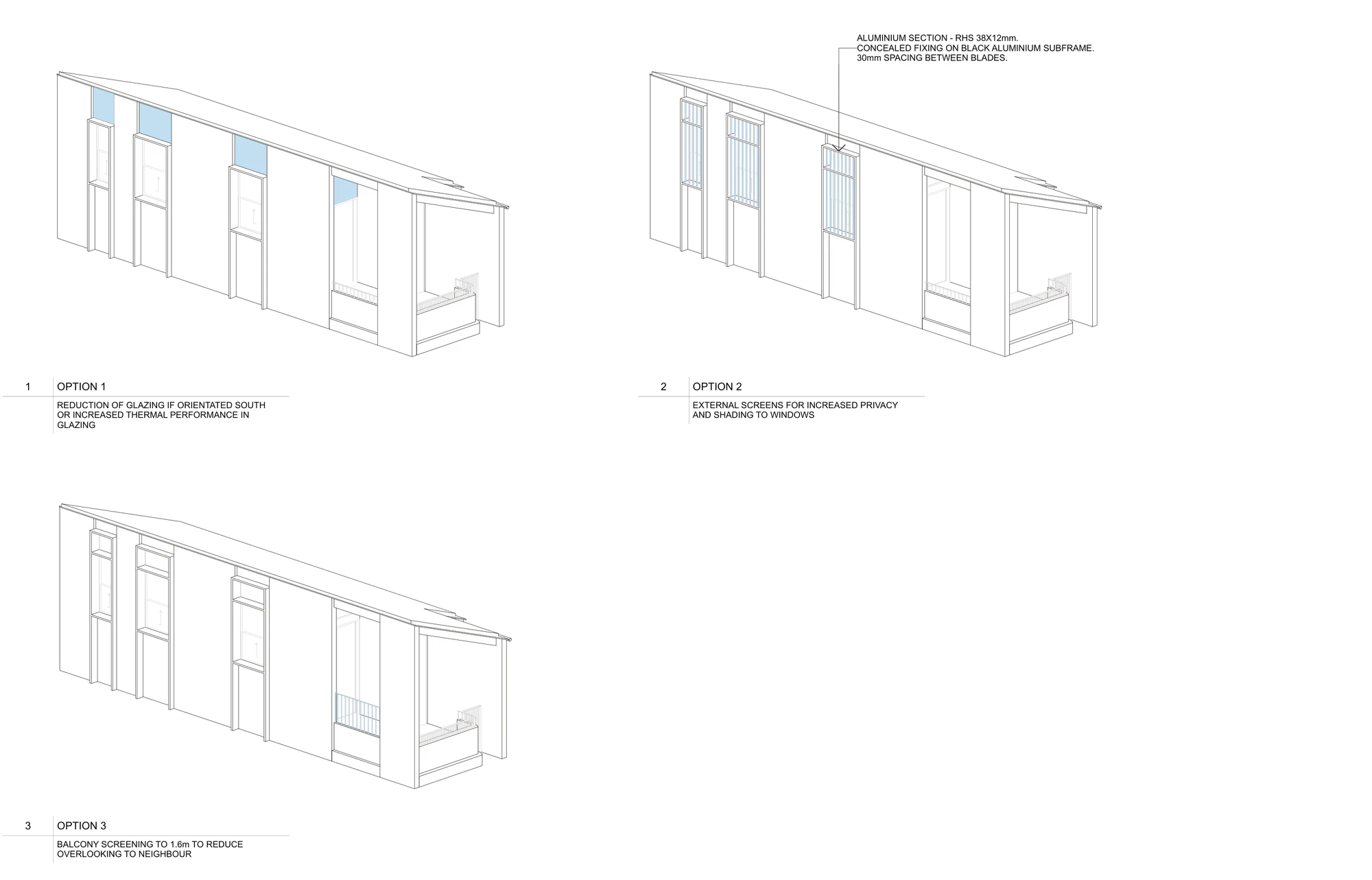 Pattern Book Manor Homes 01 elevation guidance A-343, showing option 1 reducing the glazing or upgrading its thermal performance where the facade faces south, option 2 adding aluminium blade screens over the windows for privacy and shading, and option 3 screening the balcony to 1.6 metres to reduce overlooking