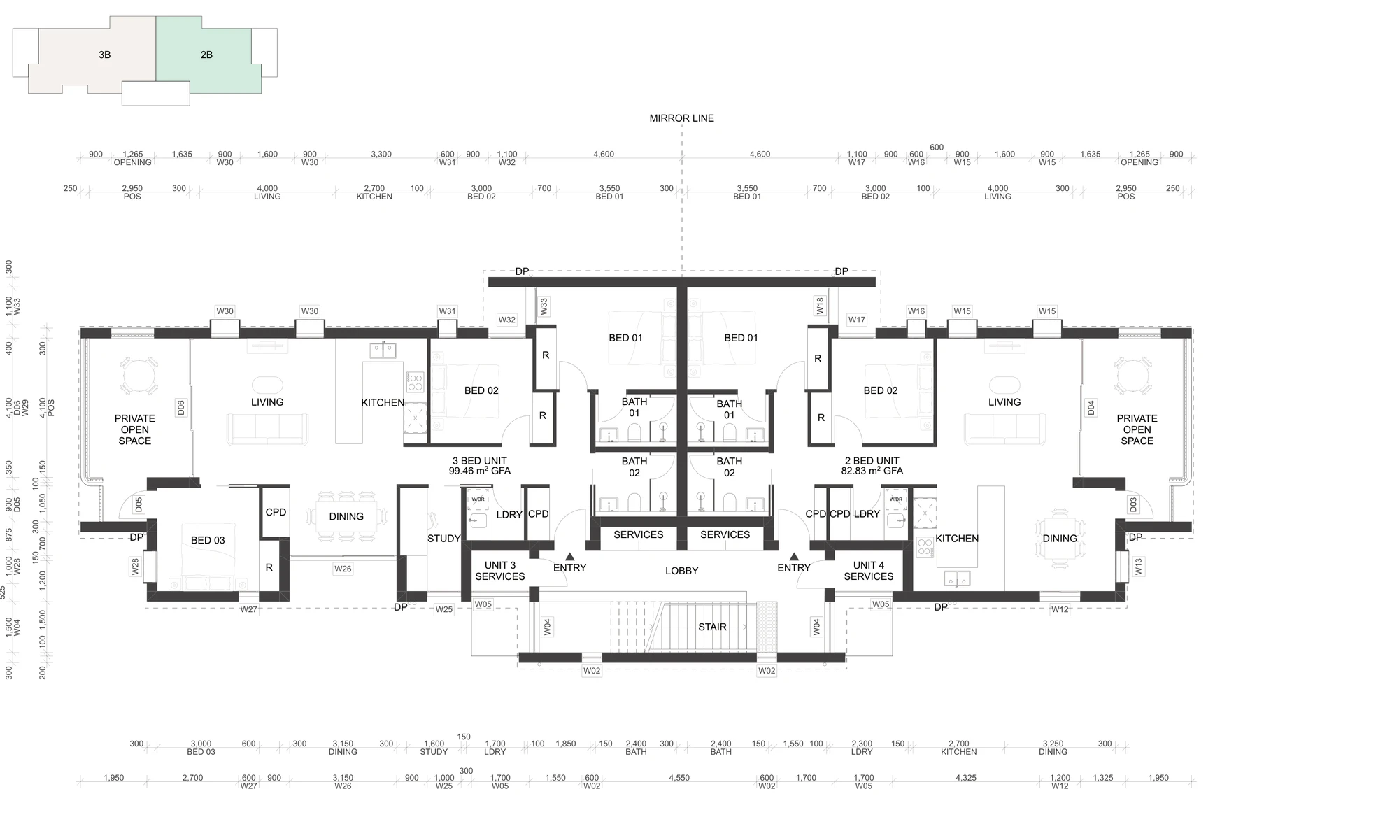 Pattern Book Manor Homes 01 first floor plan adaptation A-322 for a development of two 2 bedroom and two 3 bedroom apartments, showing the upper apartments repeating the ground floor layout above, reached from the central stair