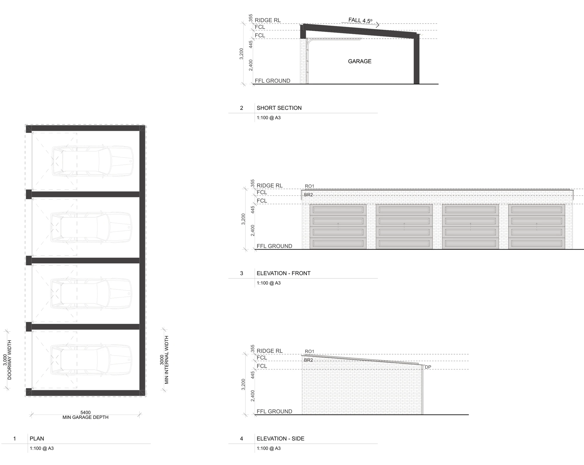 Pattern Book Manor Homes 01 garage adaptation A-327, showing a four bay garage plan with a minimum internal width of 3 metres per bay and a minimum garage depth of 5.4 metres, plus a short section and front and side elevations of the 3.2 metre high brick garage with a 4.5 degree roof fall