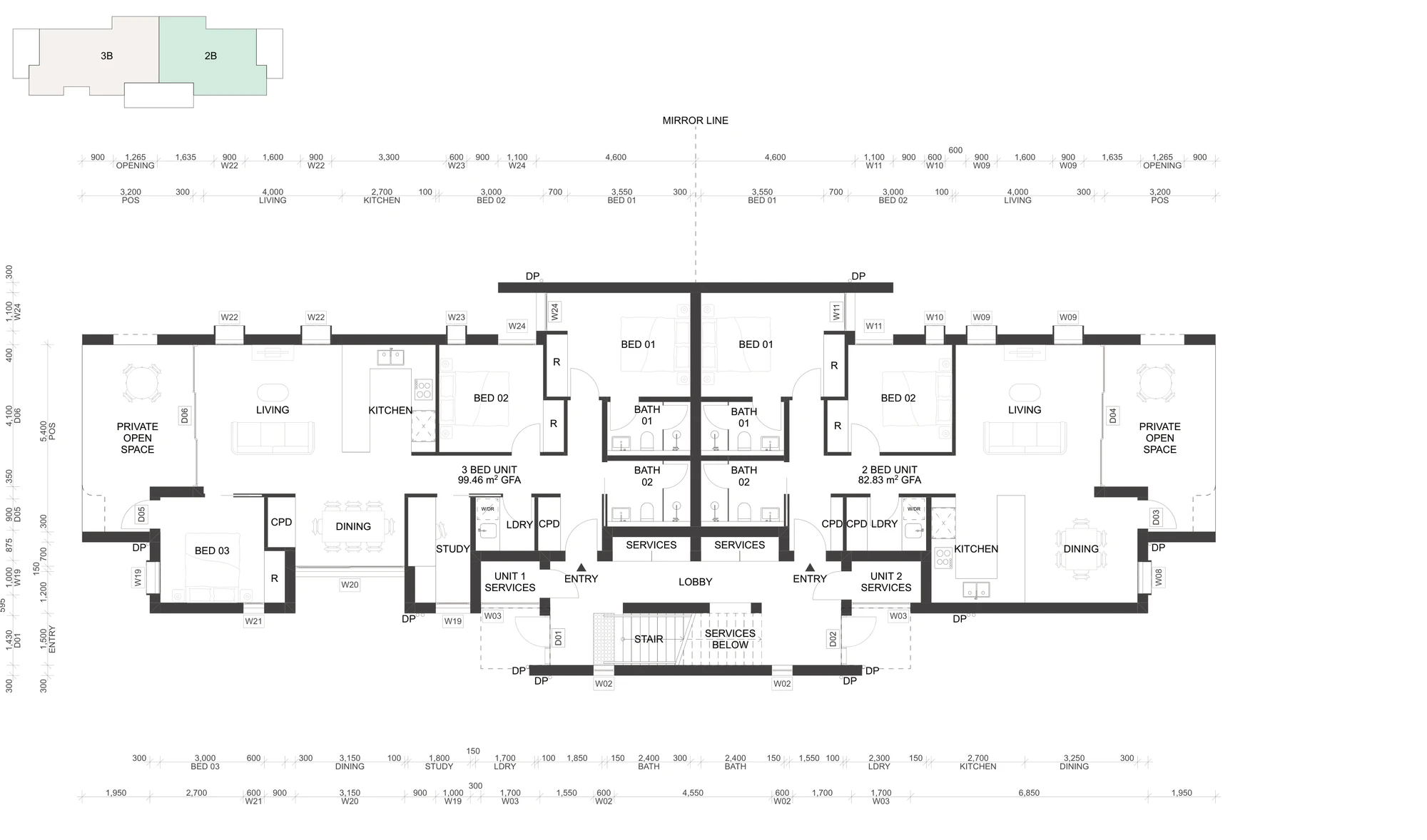 Pattern Book Manor Homes 01 ground floor plan adaptation A-321 for a development of two 2 bedroom and two 3 bedroom apartments, showing the longer three bedroom apartment on the left with its study and third bedroom against the mirrored two bedroom apartment on the right