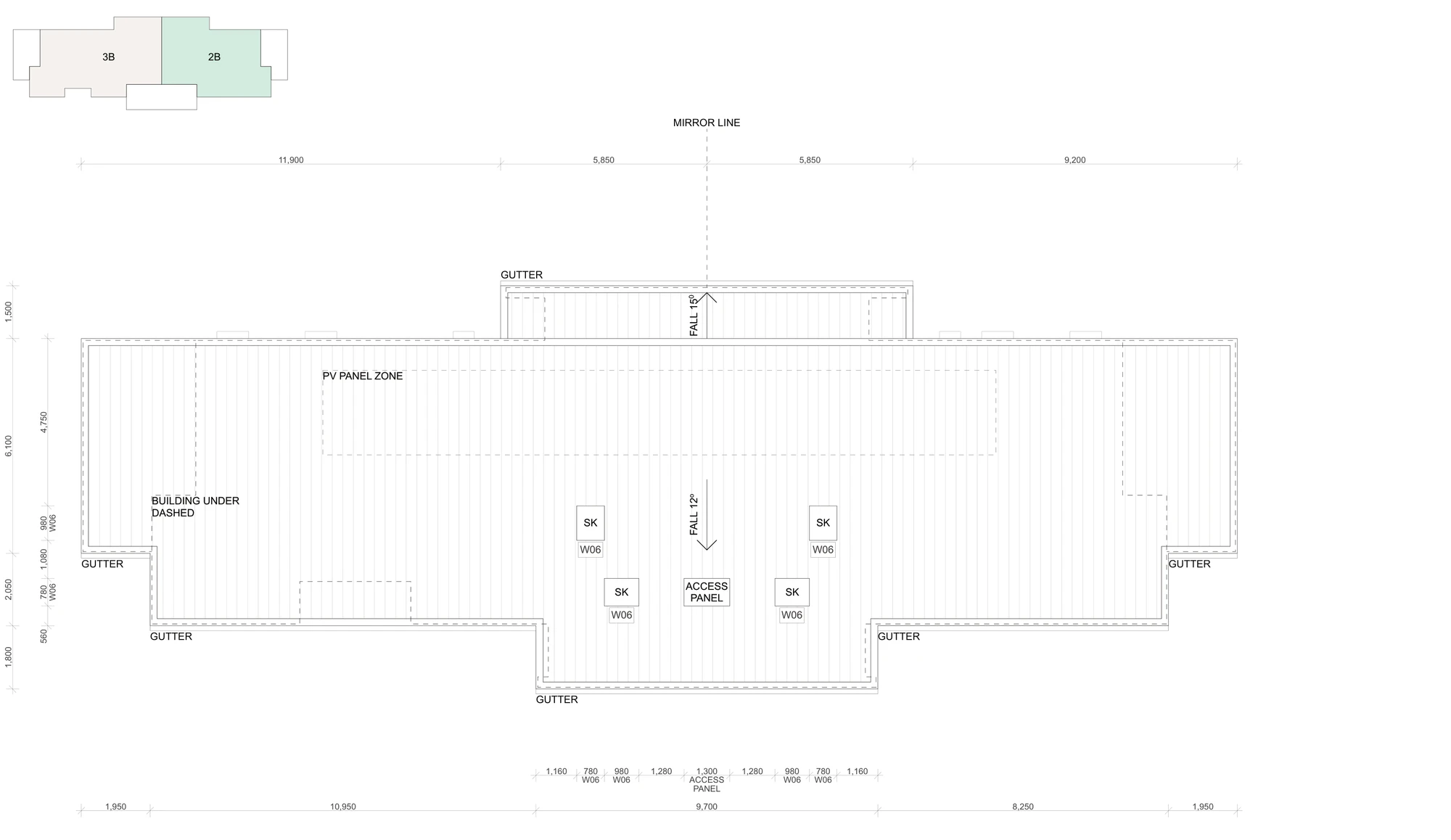 Pattern Book Manor Homes 01 roof plan adaptation A-323 for a development of two 2 bedroom and two 3 bedroom apartments, showing the longer roof over the three bedroom side, the photovoltaic panel zone, the four skylights and the gutters