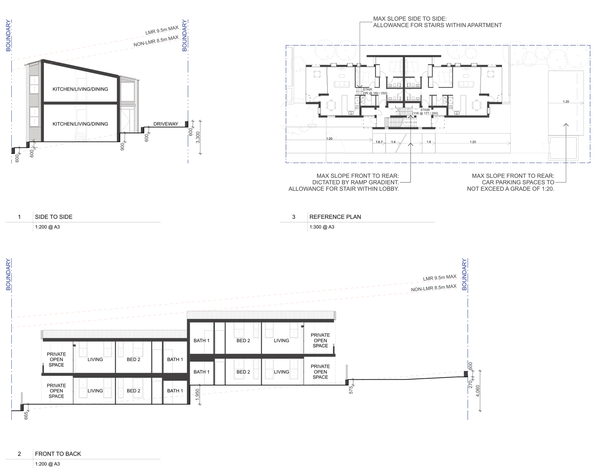 Pattern Book Manor Homes 01 slope adaptation guidance A-333, showing the side to side section with a 3.3 metre fall across the site, the front to back section with a 4.06 metre fall, and the reference plan noting the stair within the lobby, the internal apartment stairs and that car parking must not exceed a grade of 1 in 20