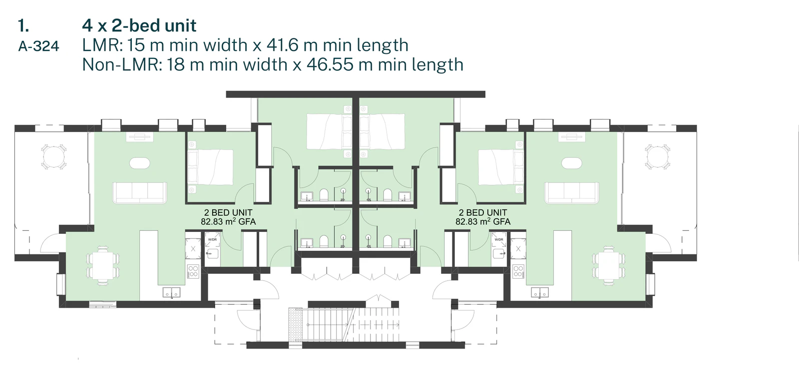 Pattern Book Manor Homes 01 dwelling combination 1, four 2 bedroom apartments drawn from sheet A-324, needing a lot at least 15 metres wide by 41.6 metres long in an LMR housing area or 18 metres by 46.55 metres elsewhere