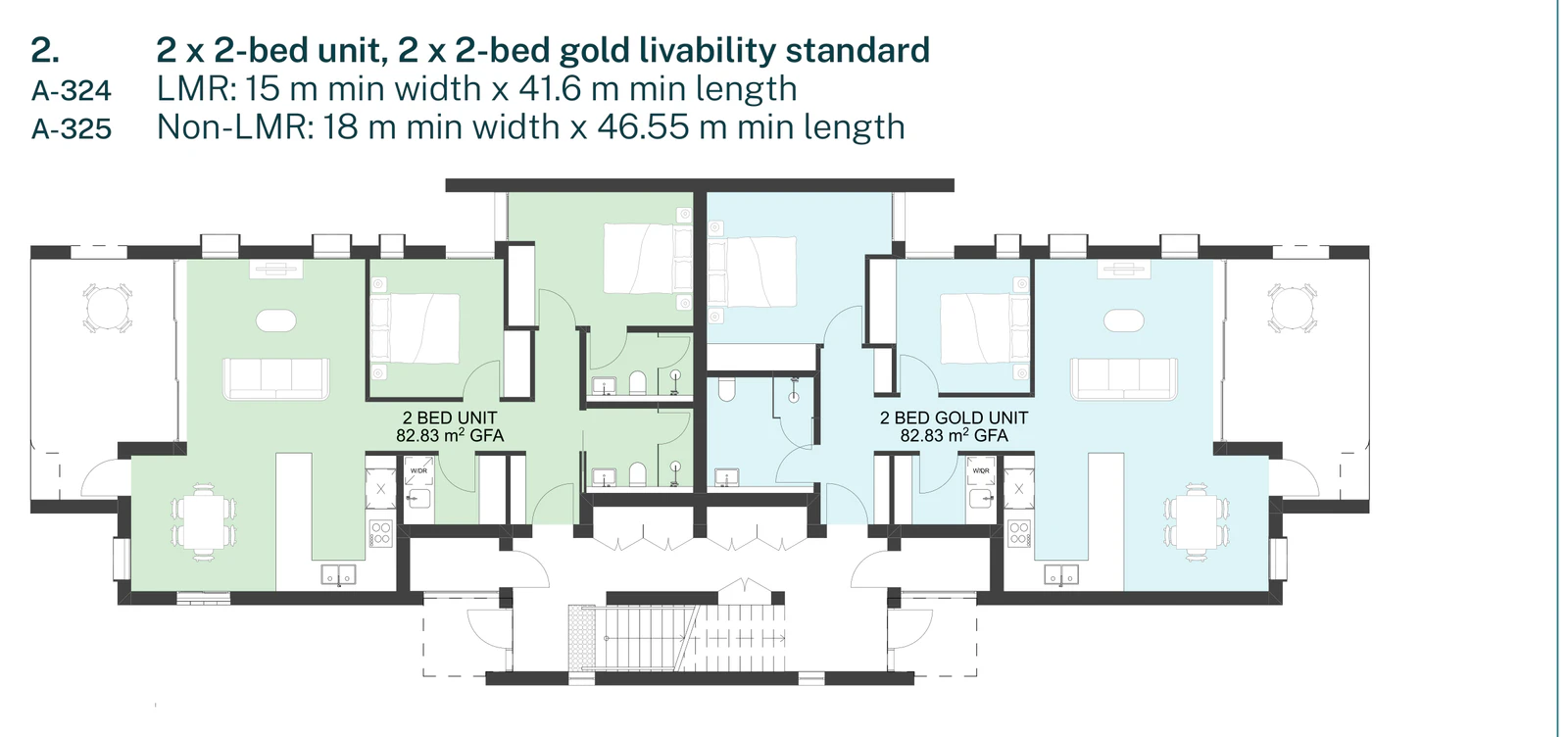Pattern Book Manor Homes 01 dwelling combination 2, two 2 bedroom apartments and two 2 bedroom gold livability standard apartments drawn from sheets A-324 and A-325, needing a lot at least 15 metres wide by 41.6 metres long in an LMR housing area or 18 metres by 46.55 metres elsewhere