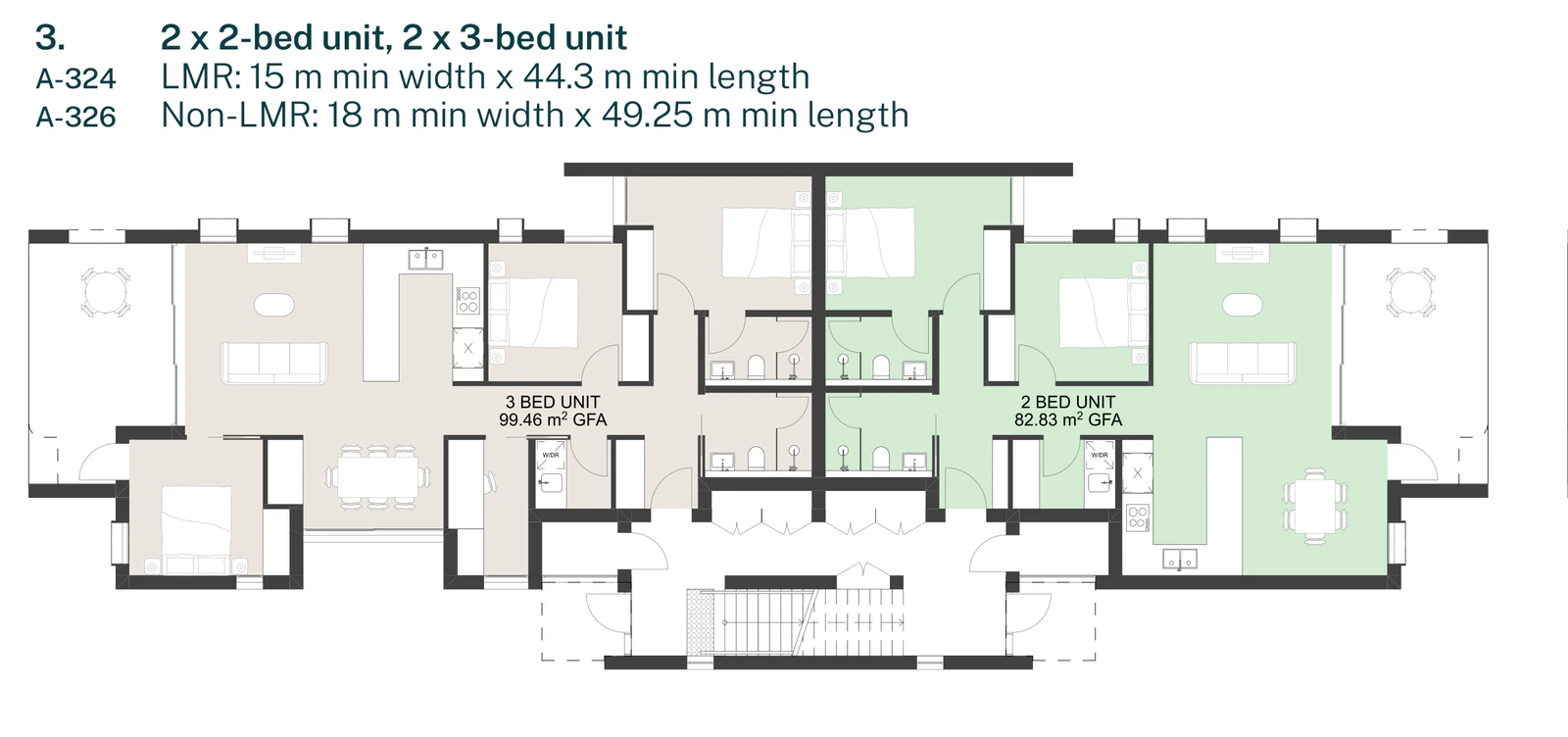 Pattern Book Manor Homes 01 dwelling combination 3, two 2 bedroom apartments and two 3 bedroom apartments drawn from sheets A-324 and A-326, needing a lot at least 15 metres wide by 44.3 metres long in an LMR housing area or 18 metres by 49.25 metres elsewhere