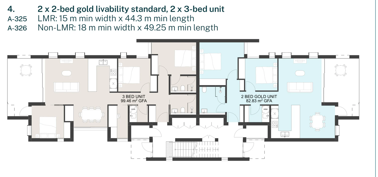 Pattern Book Manor Homes 01 dwelling combination 4, two 2 bedroom gold livability standard apartments and two 3 bedroom apartments drawn from sheets A-325 and A-326, needing a lot at least 15 metres wide by 44.3 metres long in an LMR housing area or 18 metres by 49.25 metres elsewhere