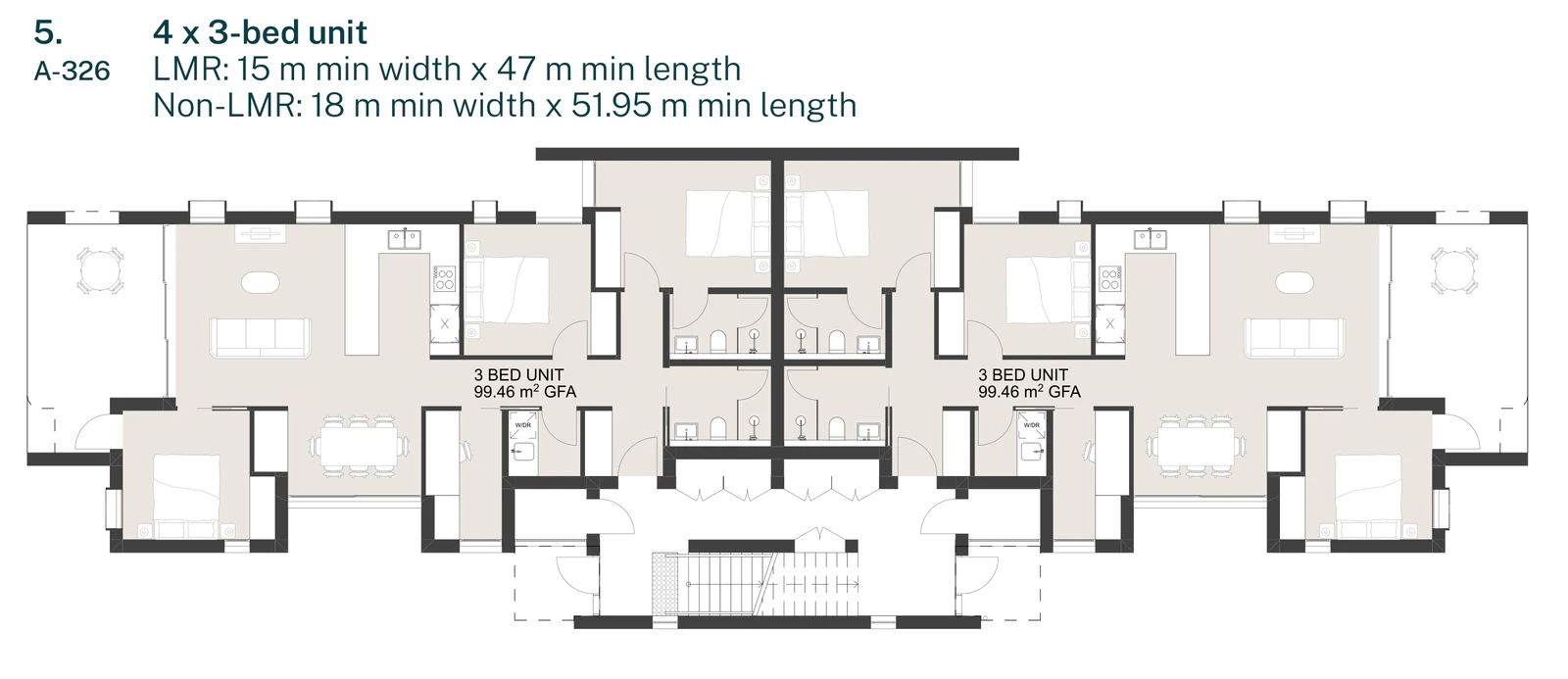 Pattern Book Manor Homes 01 dwelling combination 5, four 3 bedroom apartments drawn from sheet A-326, needing a lot at least 15 metres wide by 47 metres long in an LMR housing area or 18 metres by 51.95 metres elsewhere
