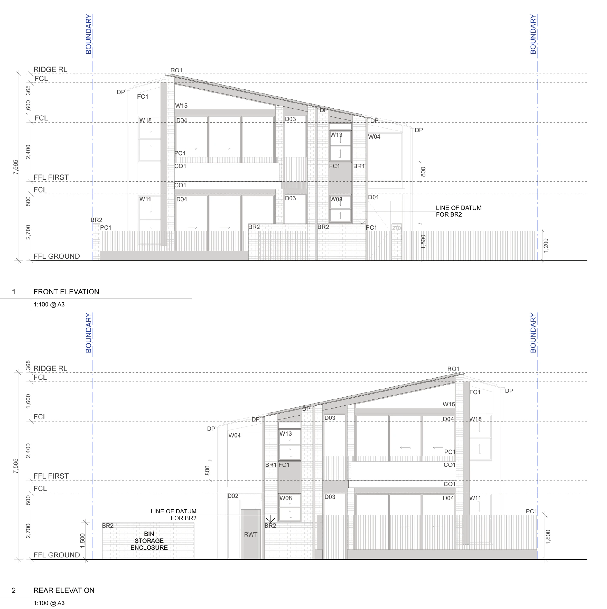 Pattern Book Manor Homes 01 front and rear elevations A-341, showing the brick facades, the recessed entry, the concrete balcony profiles, the steel rod balustrades, the fibre cement window hoods, the 7.565 metre ridge and the bin storage enclosure and rainwater tank at the rear