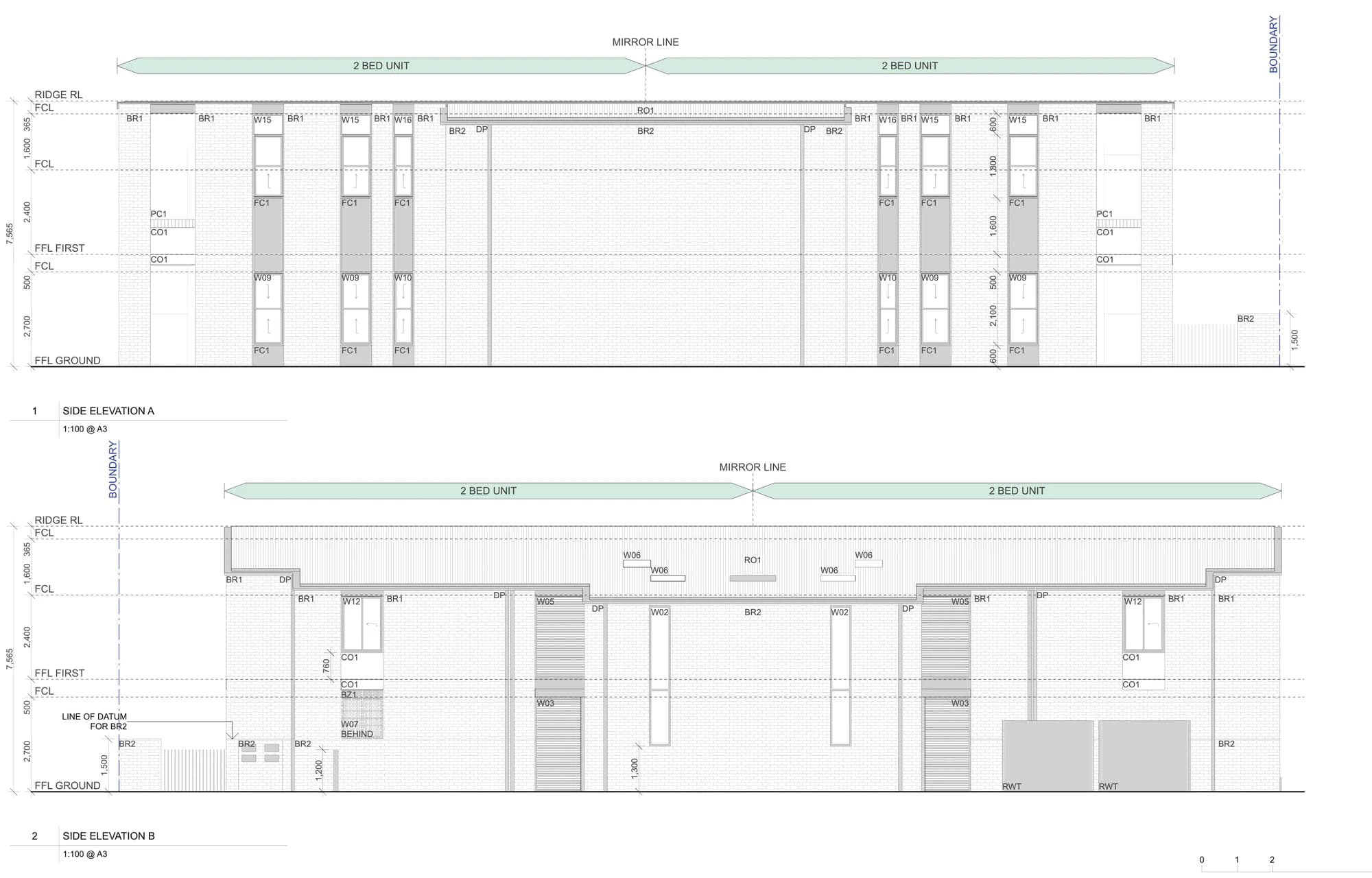 Pattern Book Manor Homes 01 side elevations A-342, showing the two mirrored apartments either side of the centre line, the tall paired windows in their fibre cement reveals, the corrugated steel roof, the breeze block panel and the rainwater tanks