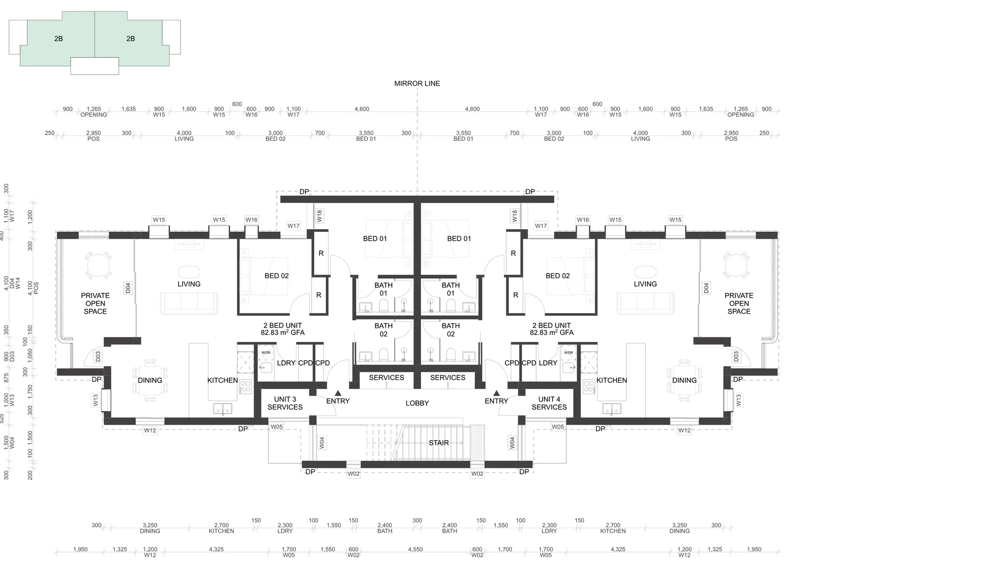Pattern Book Manor Homes 01 first floor plan A-303 of the base pattern, showing the two mirrored 82.83 square metre two bedroom apartments reached from the central stair, each with living, dining and kitchen, two bathrooms and a deep covered balcony