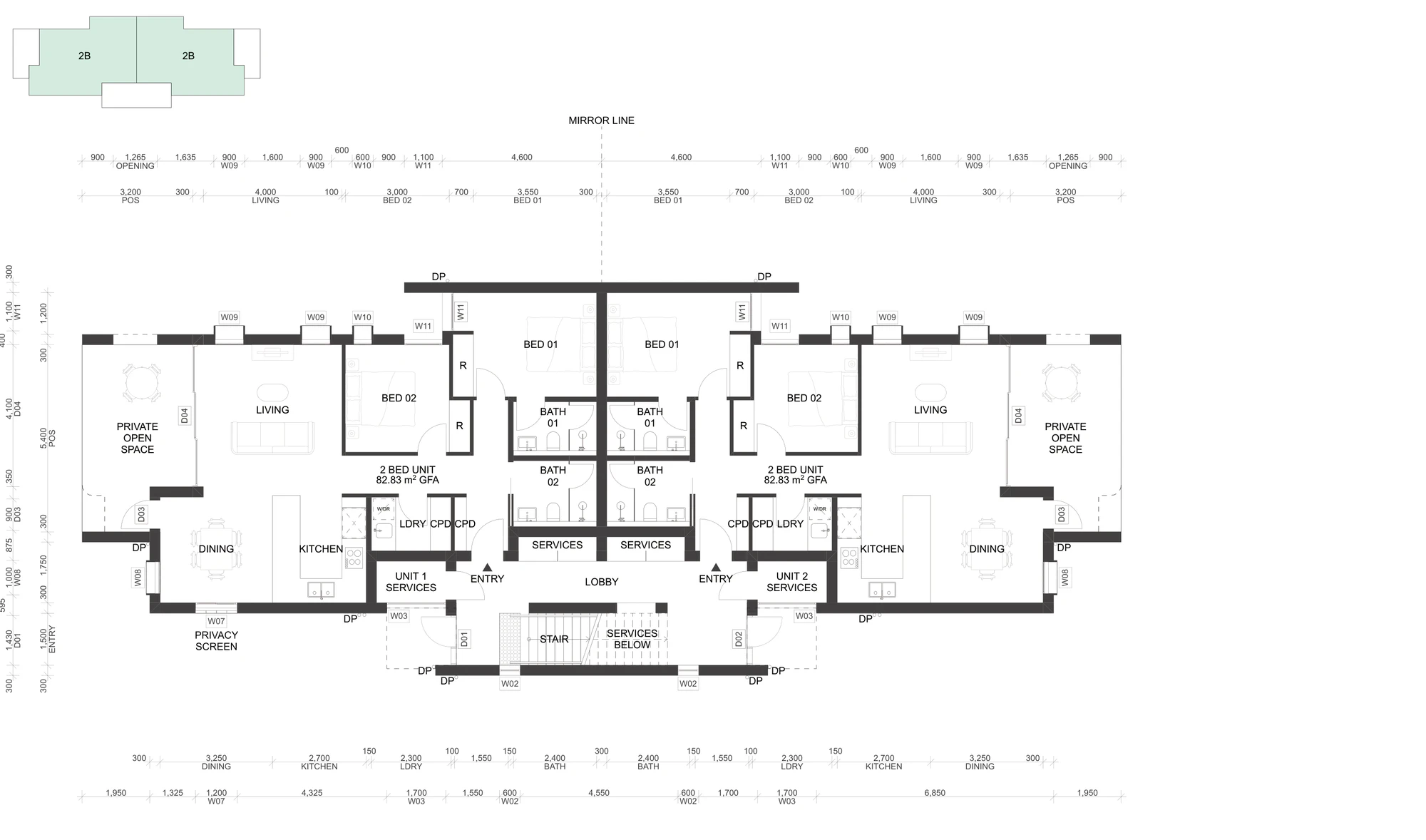 Pattern Book Manor Homes 01 ground floor plan A-302 of the base pattern, showing the two mirrored 82.83 square metre two bedroom apartments either side of the central lobby and stair, each with living, dining and kitchen, laundry, two bathrooms and a private open space of 5.4 by 3.2 metres