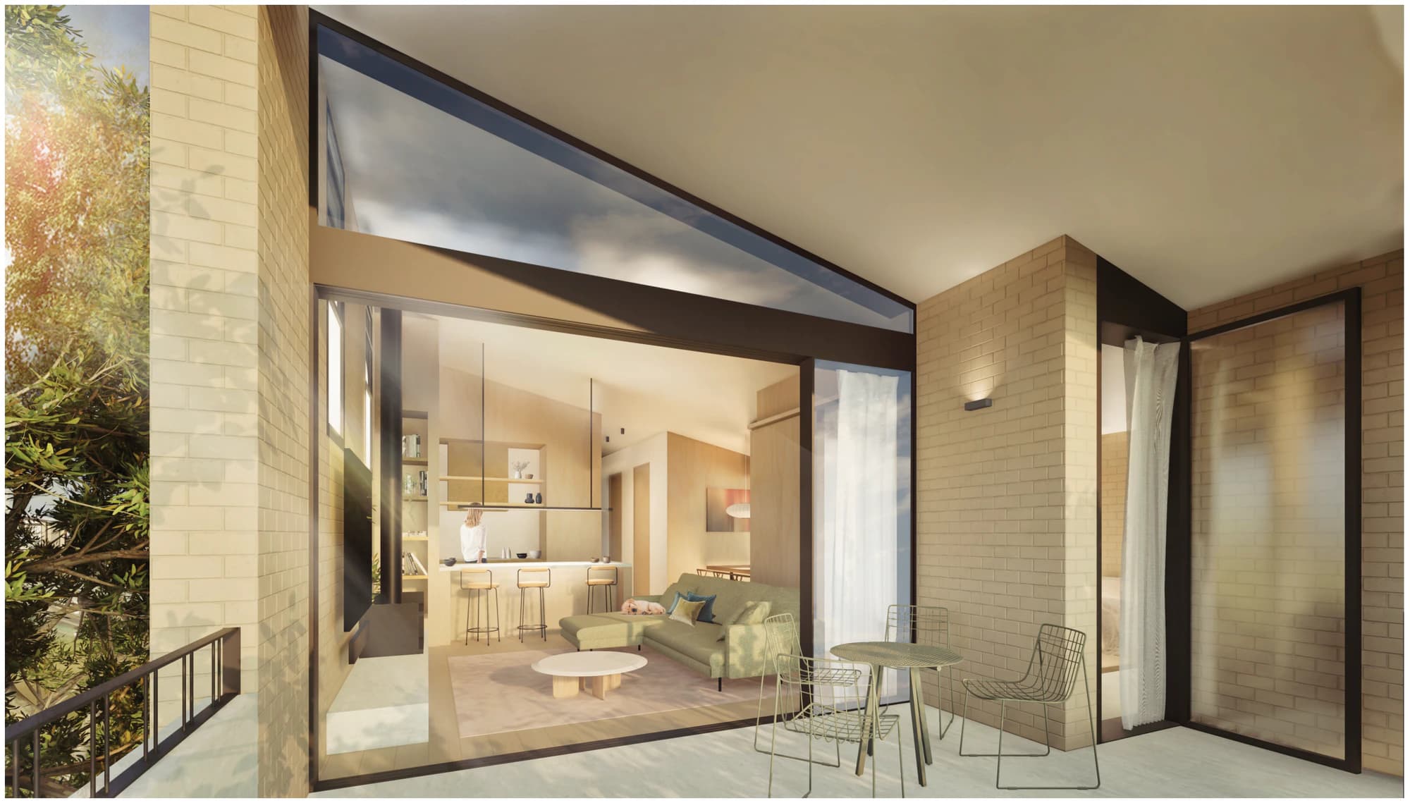 Pattern Book Manor Homes 01 illustrative interior view of a first floor apartment, with the raked ceiling, the highlight window above the sliding doors and the living area opening onto a deep covered balcony