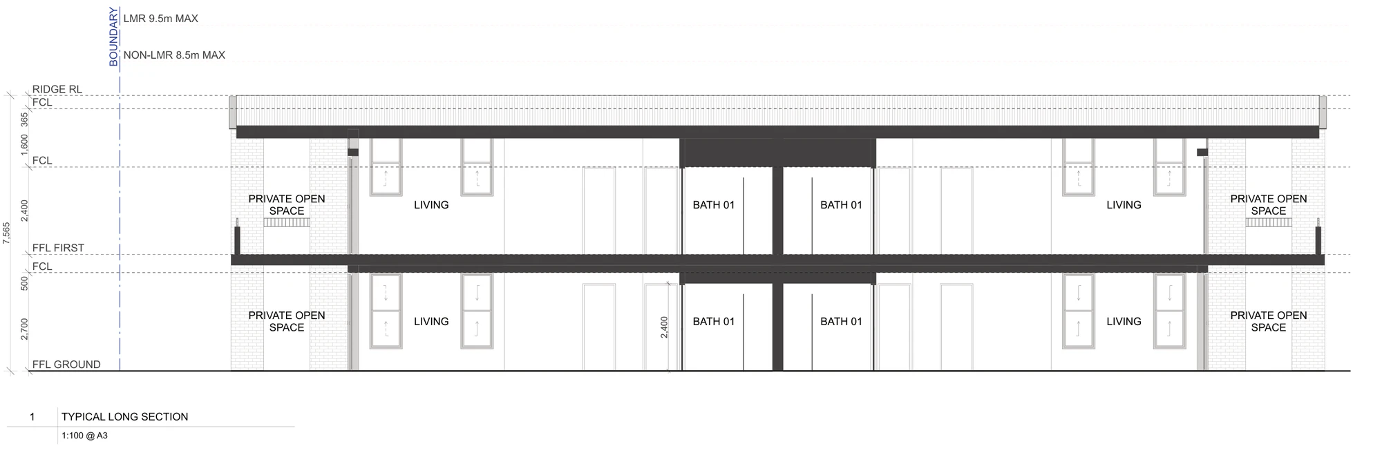 Pattern Book Manor Homes 01 typical long section A-332 through the length of the building, showing both apartments on each floor, the shared bathrooms at the centre, the private open spaces at each end and the height limits above