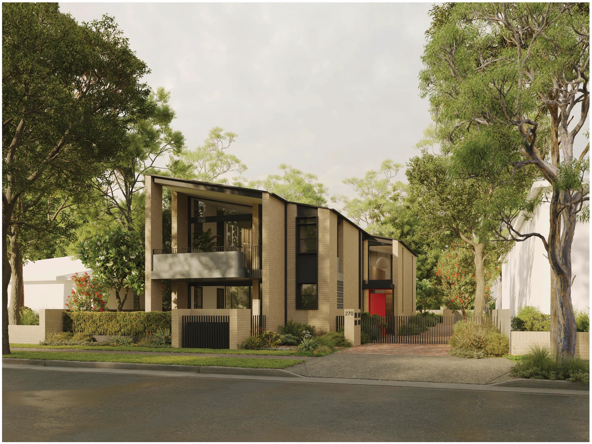 Pattern Book Manor Homes 01 material palette 01 render, showing the whole building in cream Simmental Silver brick with dark Monument metal window frames, a concrete balcony profile, steel rod balustrades and a cream brick front fence