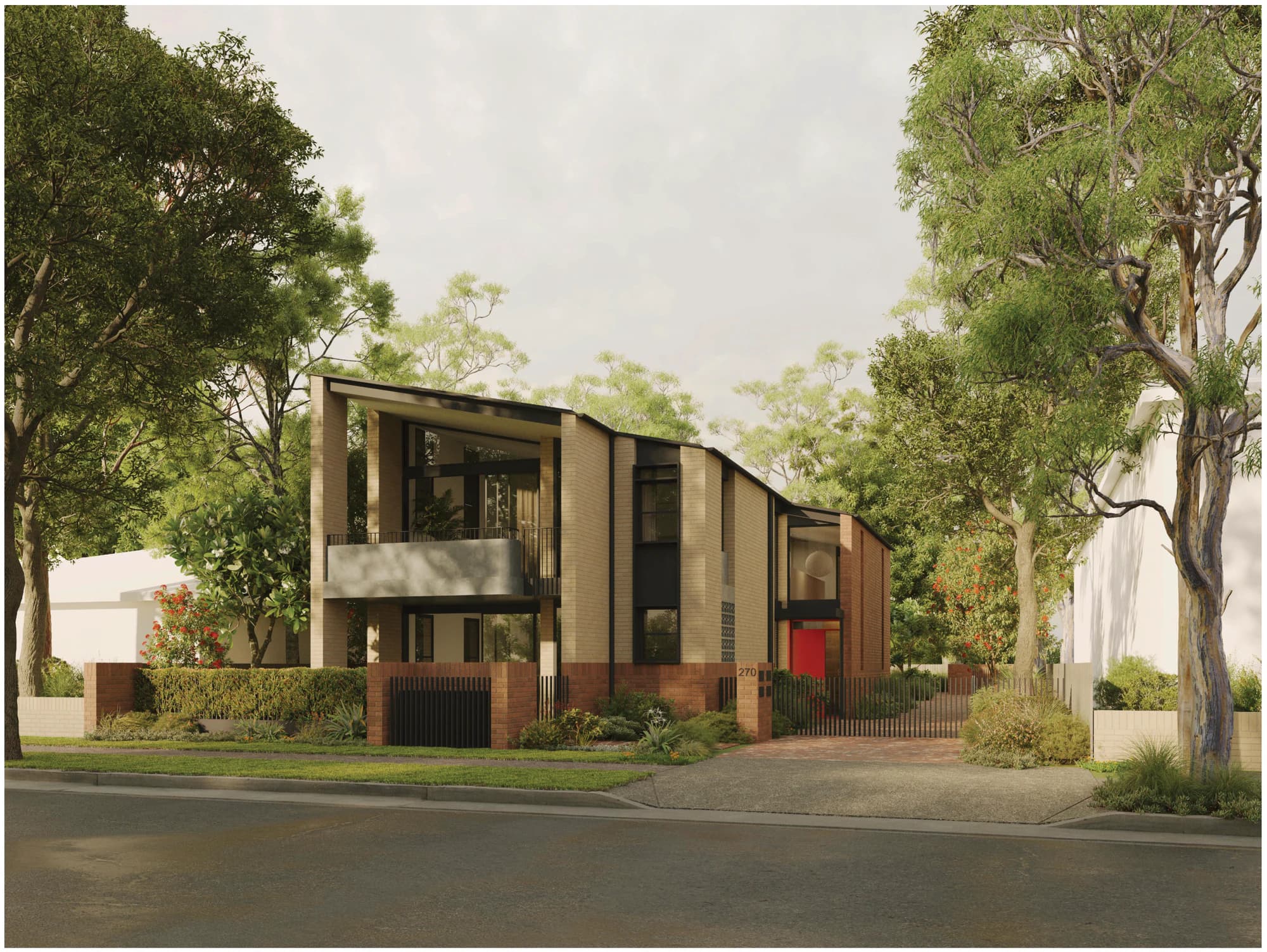 Pattern Book Manor Homes 01 material palette 02 render, showing the main brick mass in cream Simmental Silver brick with the entry wing, base and front fence in Gertrudis Brown brick, dark Monument metal frames, a red front door and a concrete balcony profile