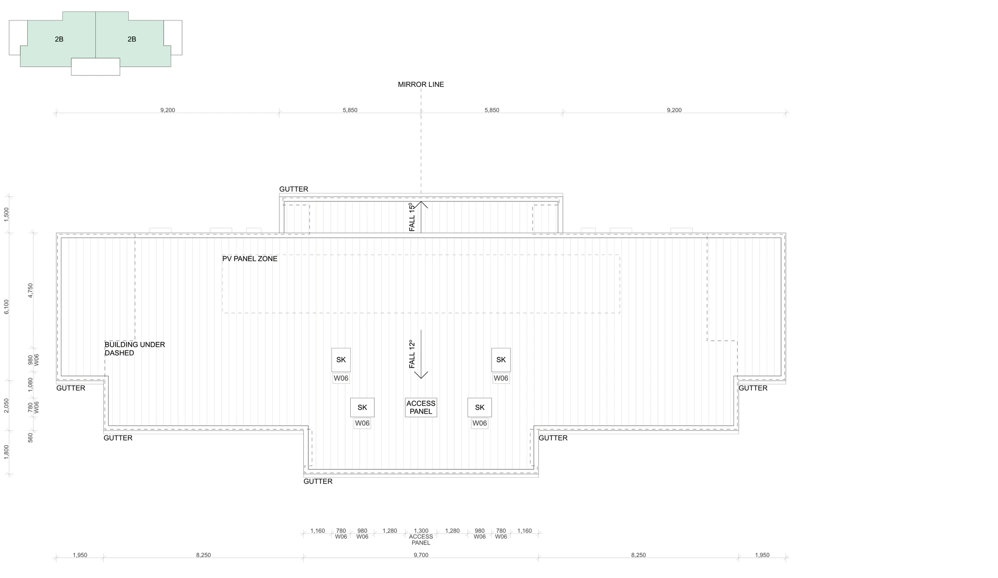 Pattern Book Manor Homes 01 roof plan A-304 of the base pattern, showing the single skillion roof falling 12 degrees, the raised lobby roof falling 15 degrees, the photovoltaic panel zone, four skylights, the roof access panel, gutters and the building outline dashed below